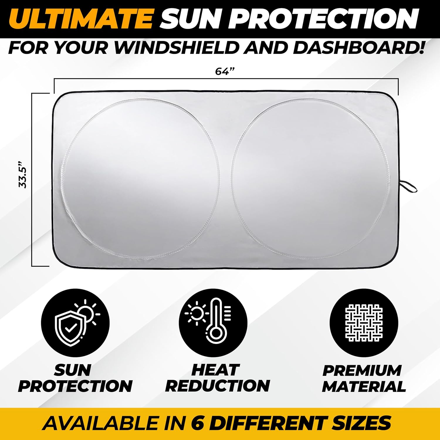 Windshield Sun Shade for Car, SUV & Truck – Patented Design Blocks 99% UV Rays & Heat | 240T Reflective Polyester Sunshade with Storage Bag | Keeps Vehicle Interior Cool | Universal Fit (64" x 33.5")