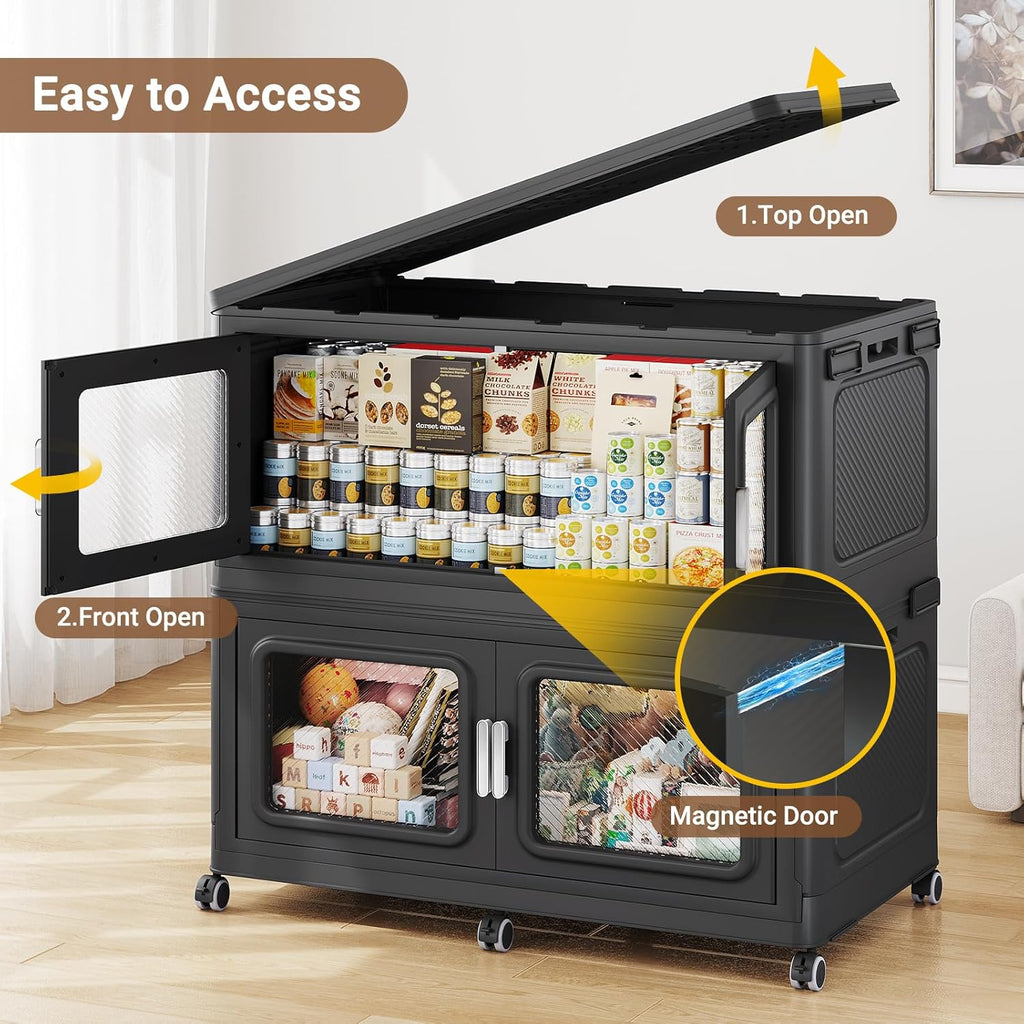 220 Qt Stackable Storage Bin with Lids, 55Gal Extra Large Collapsible Storage Boxes, Folding Plastic Drawer, Heavy-Duty Store Cabinet, Closet Organizer for Home Kitchen, 1 Pack Black