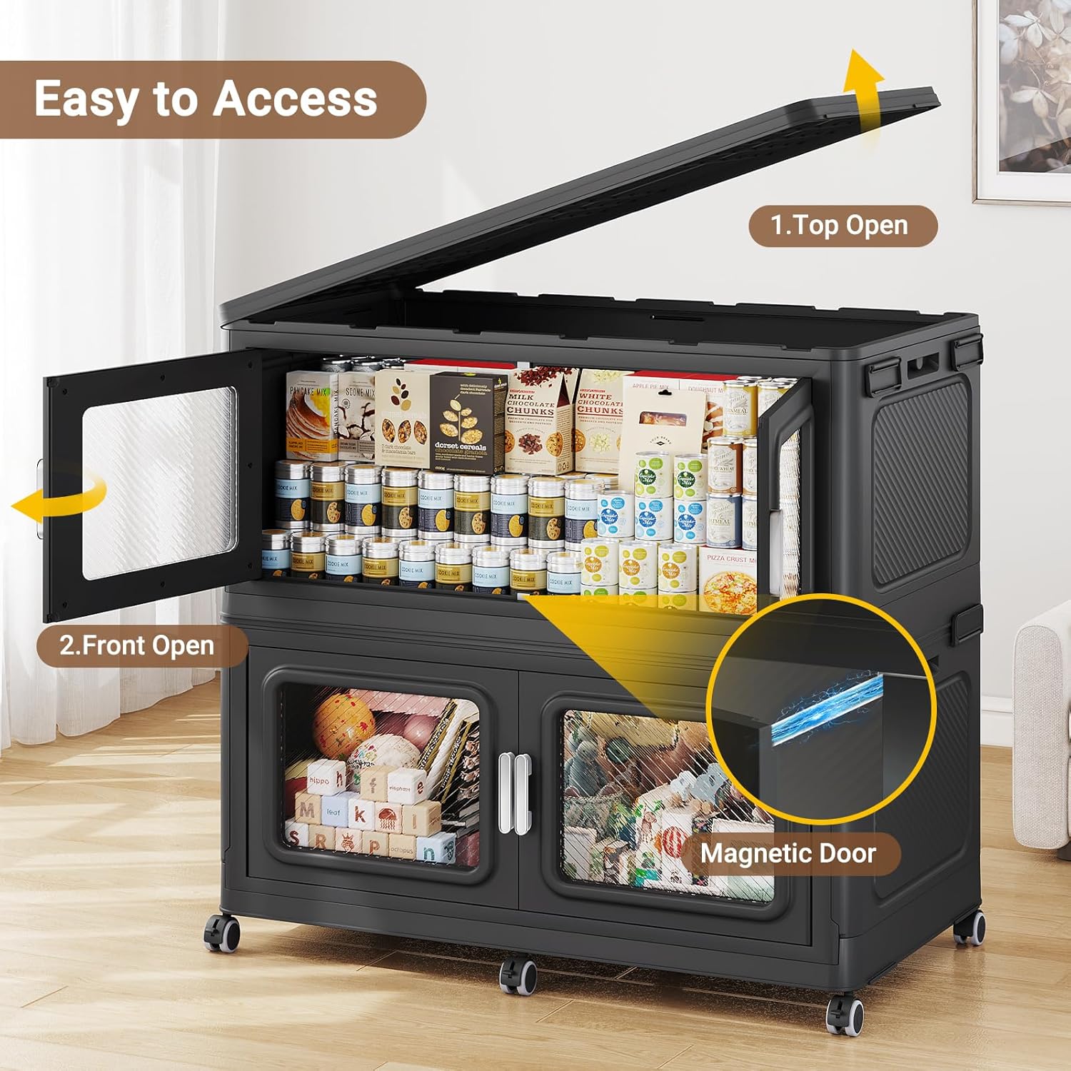 220 Qt Stackable Storage Bin with Lids, 55Gal Extra Large Collapsible Storage Boxes, Folding Plastic Drawer, Heavy-Duty Store Cabinet, Closet Organizer for Home Kitchen, 1 Pack Black