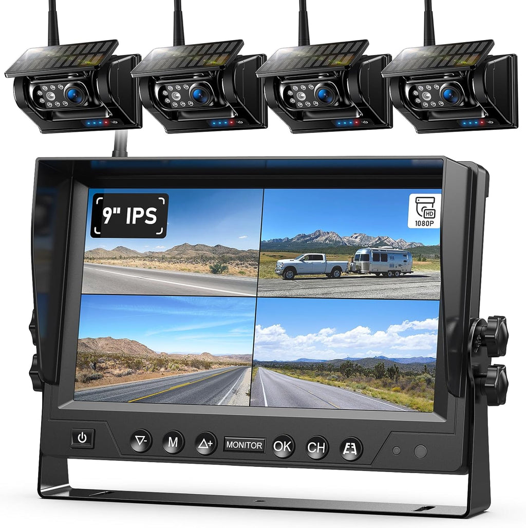 4 Magnetic Solar Wireless Backup Camera HD1080P 9" Loop Recording Monitor, Quad RV Rearview Backup Cameras Wireless System for Trailer RV Trucks, Built-in 9600mAh Solar Battery, BL904