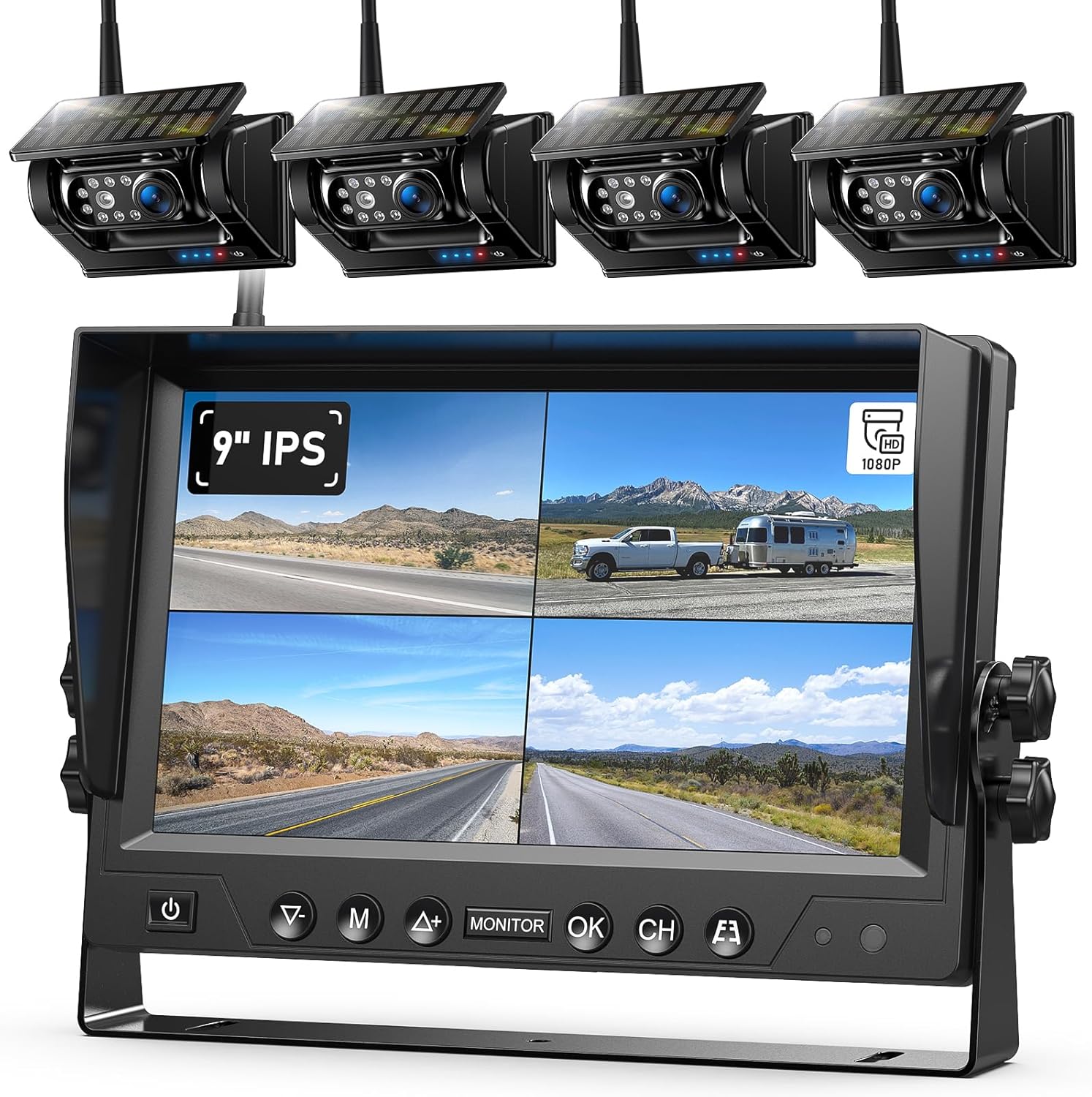 4 Magnetic Solar Wireless Backup Camera HD1080P 9" Loop Recording Monitor, Quad RV Rearview Backup Cameras Wireless System for Trailer RV Trucks, Built-in 9600mAh Solar Battery, BL904