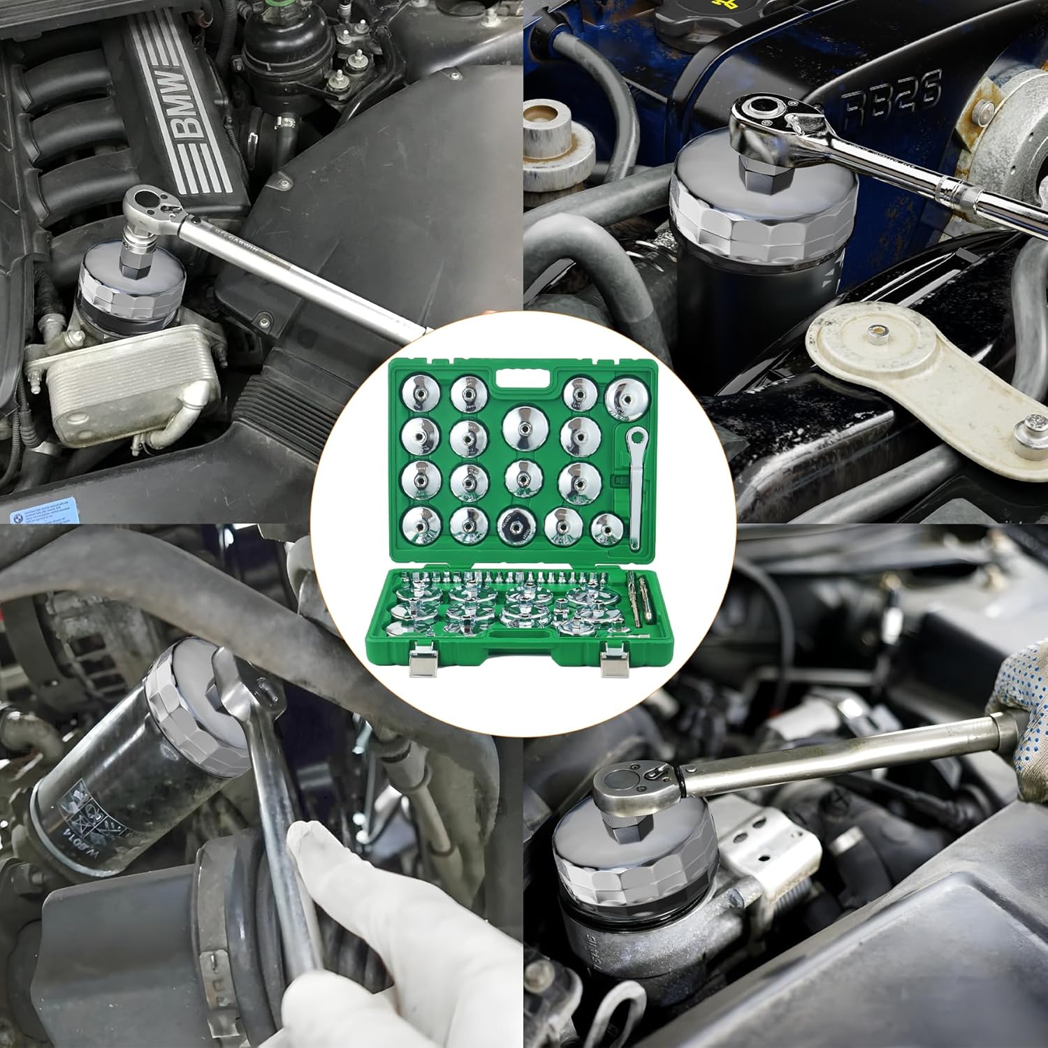 Auto Oil Filter Socket Wrench Set, Cup Type 1/2 inch Drive Cap Removal Tool, with Drain Plug Socket Set/Adjustable/Drive, Compatible, all Models Car, SUV, Oil Filter (58, GREEN)