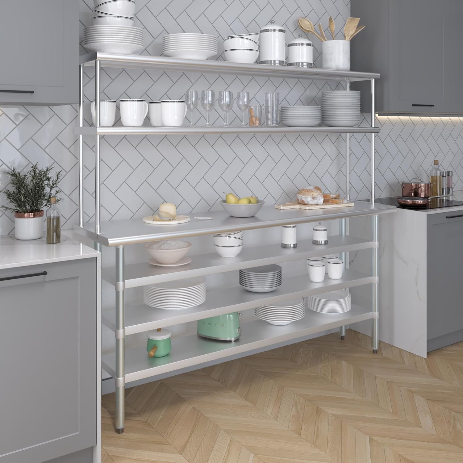 Amgood 18" x 72" Stainless Steel Work Table with 3 Shelves and 12" Wide Double Tier Overshelf | Metal Kitchen Prep Table & Shelving Combo | NSF