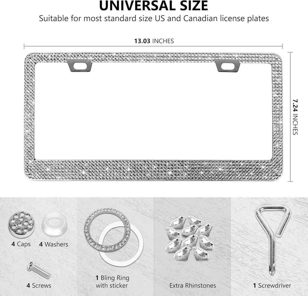 2 Pack Silver Bling License Plate Frames for Women - Stainless Steel with Diamond Sparkly Rhinestone License Plate Holder - Perfect Birthday for Auto Lovers