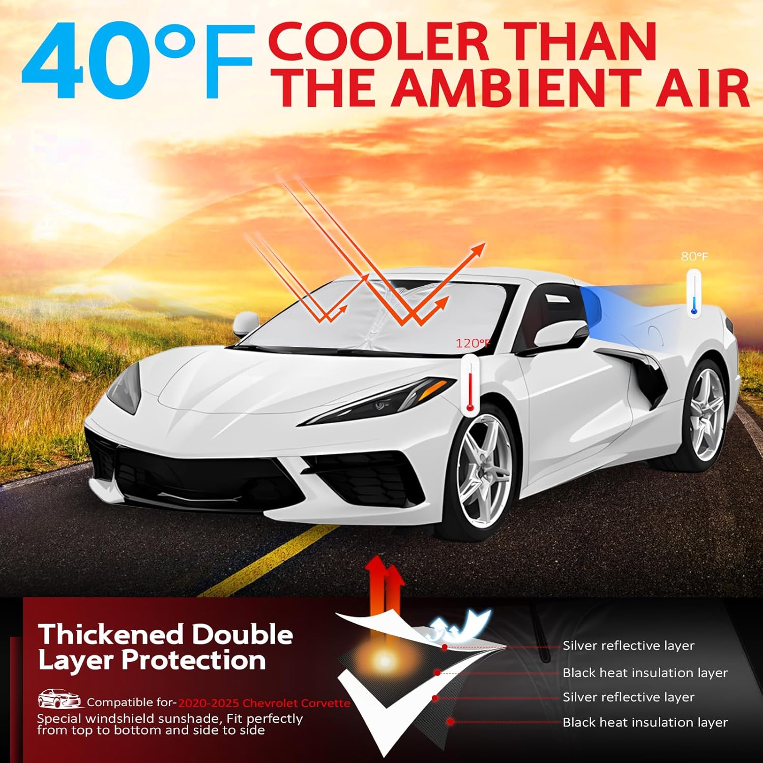 KAYZT Windshield Sun Shade for 2020-2025 Che-vrolet/Chevy Corvette Foldable Sunshade Front Window Custom Fit Car Accessories