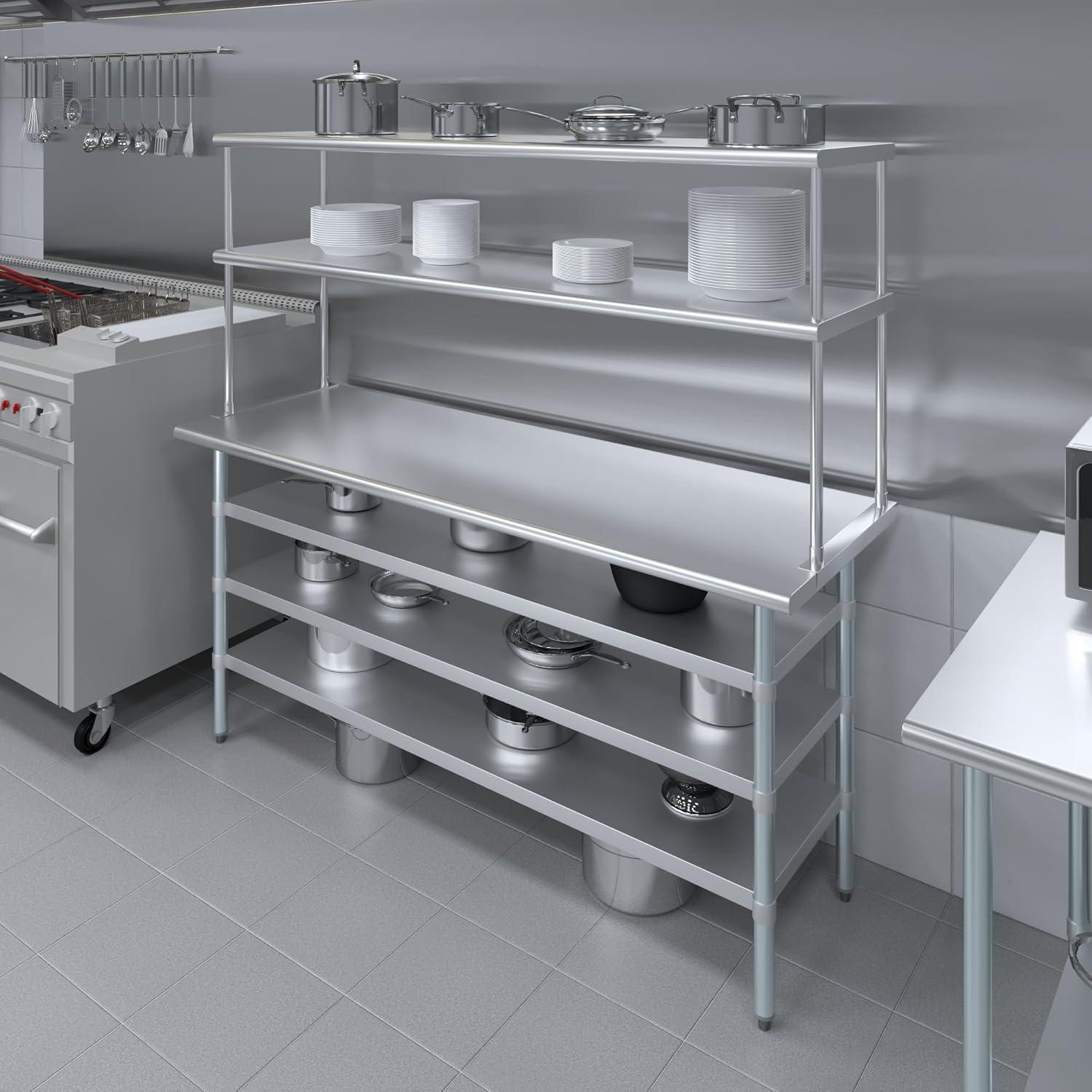 Amgood 24" x 72" Stainless Steel Work Table with 3 Shelves and 18" Wide Double Tier Overshelf | Metal Kitchen Prep Table & Shelving Combo | NSF