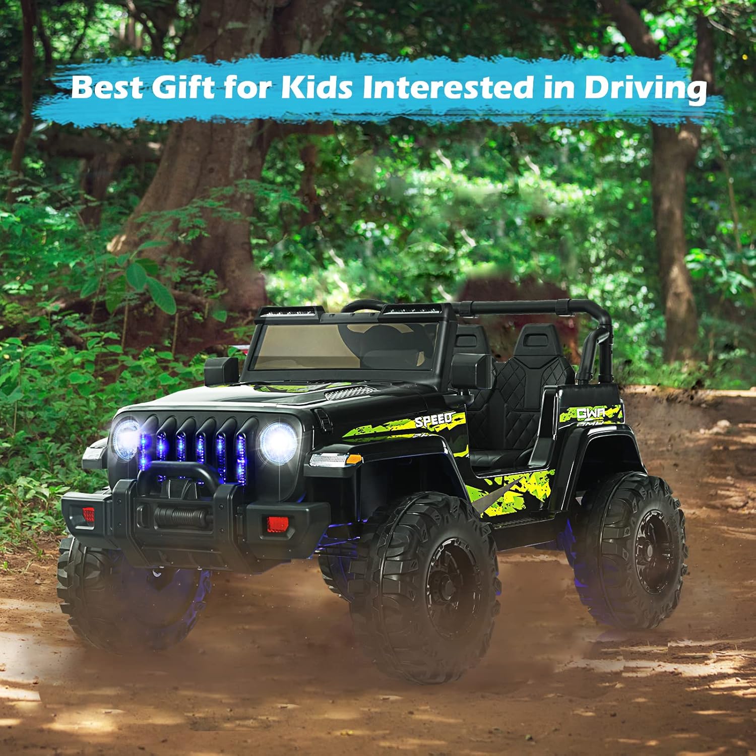 INFANS Kids Ride on Car Truck with 2.4G Remote Control, 12V Battery Powered Electric Cars for Kids w/3 Speeds, Battery Display, LED Lights, Safety Belt, Music & Horn, Bluetooth/FM/USB (Dark Black)