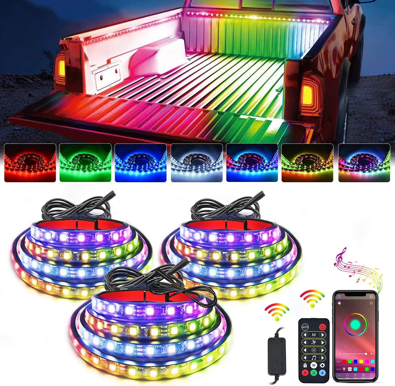 Nilight Truck Bed Light Strip RGB-IC LED Bar for Pickup Multi Dream Color DIY Music Synchronous with APP and RF Remote Control 3PCS 60 inch Cargo Lighting