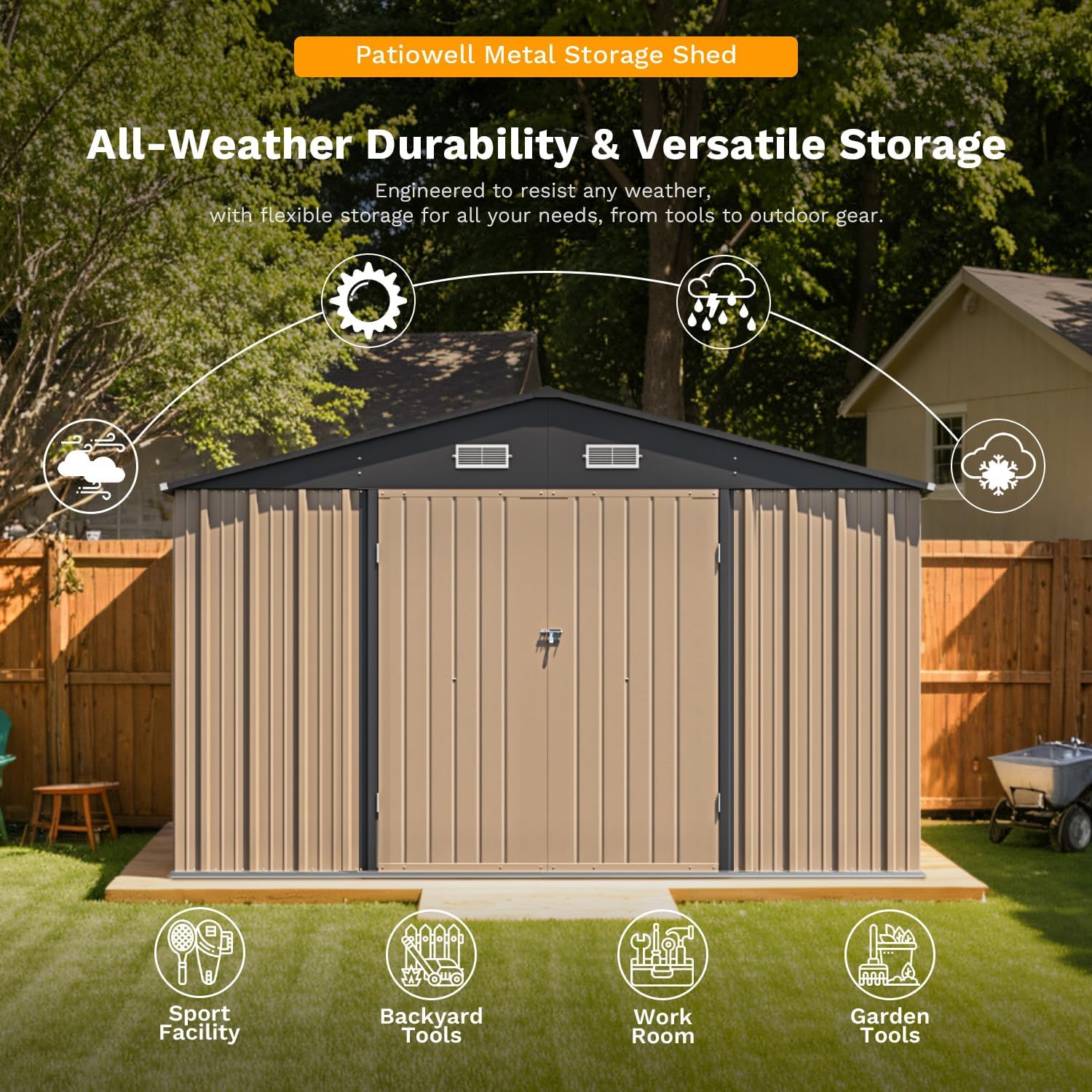 Patiowell 10 x 12 FT Metal Storage Shed for Outdoor with Floor Frame, Steel Yard Shed with Design of Lockable Doors, Utility and Tool Storage for Garden, Backyard, Patio, Outside use,Brown