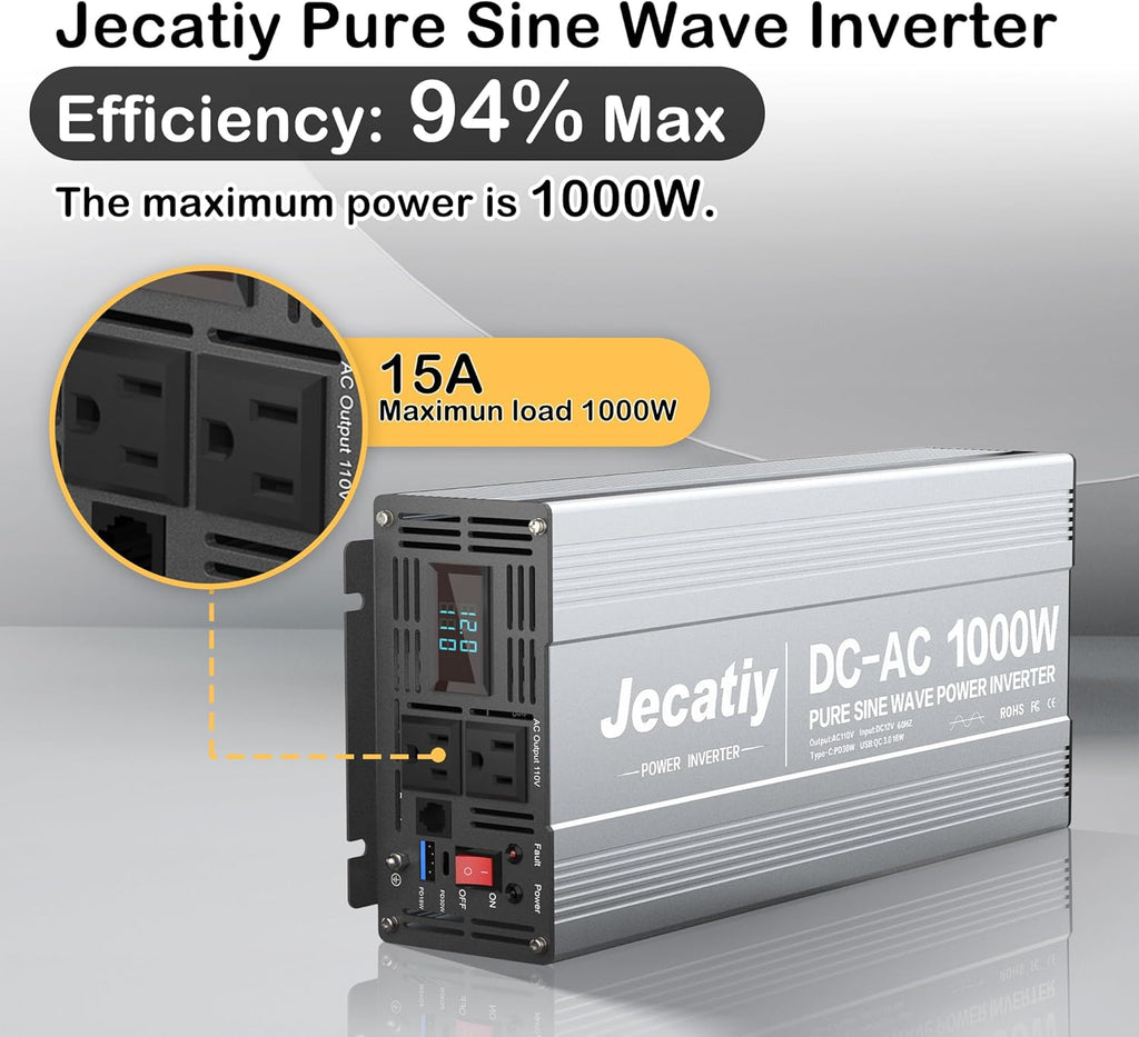 2AC 1000W Pure Sine Wave Inverter, Convert DC 12V to AC 110V 120V, 18W USB, and 30W Type-C Charging Ports, Car Solar Power Inverters for Truck, Home, Vehicles, RV