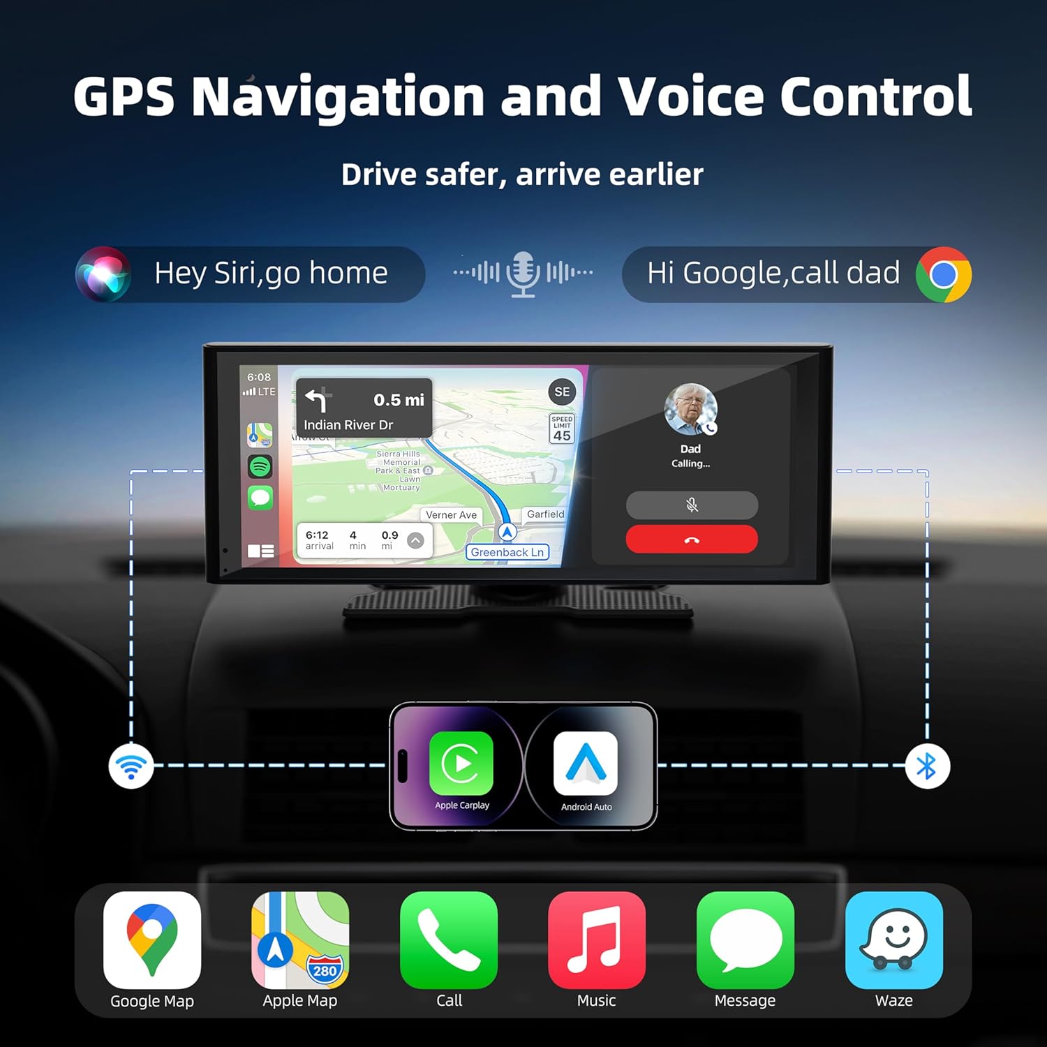 Portable Carplay Screen for Car, 10.26" Wireless Apple Carplay & Android Auto with 4K Dash Cam,1080p Backup Camera,Car Audio Receivers, GPS Navigation, SuperLink, Bluetooth,FM, Music Player