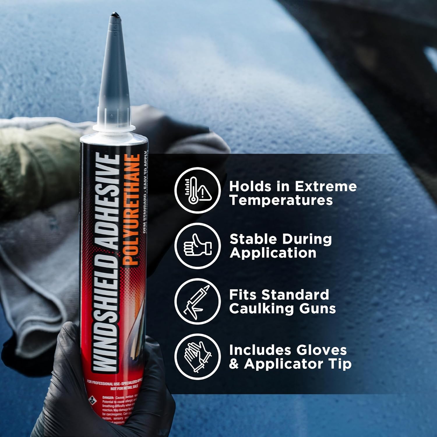 [2 Pack] Polyurethane Windshield Adhesive - Quick Curing & Weather Resistant Auto Glass Adhesive, Vertical & Overhead Application, Windshield Repair Kit with Gloves, Applicator Tip & Cartridge - 310ml