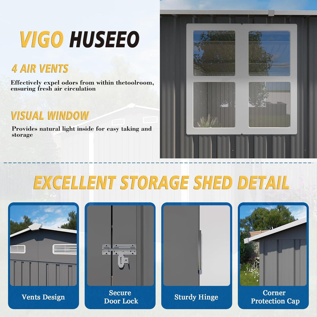 10x8x6.4FT Outdoor Storage Shed, Galvanized Steel Garden Shed with Lockable Door & Window, Waterproof Metal Tool Storage for Garden, Backyard, Patio, Lawn(Grey)