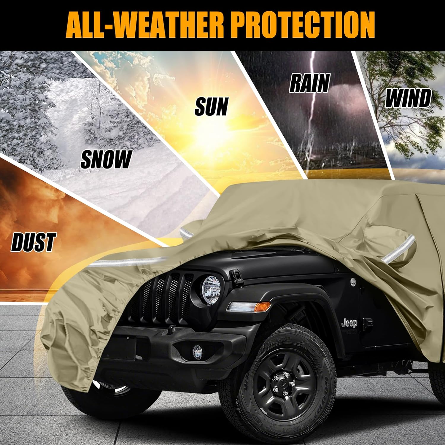 Waterproof Car Covers Replace for 2007-2025 Jeep Wrangler 2 Door, Multilayer Heavy Duty with Cotton Liner All Weather Car Cover with Zipper Door, Windproof Bands for Snow Rain Dust Protection