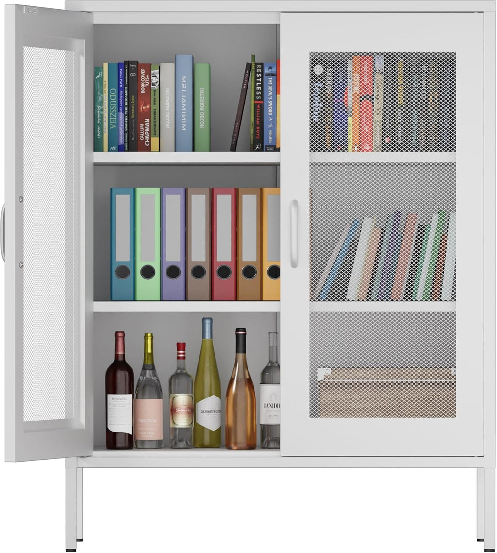 Metal Storage Cabinet with Mesh Doors,Steel Display Cabinet with Adjustable Shelves,Metal Office Storage Locker for Home Office,Garage(White mesh, 40''H)