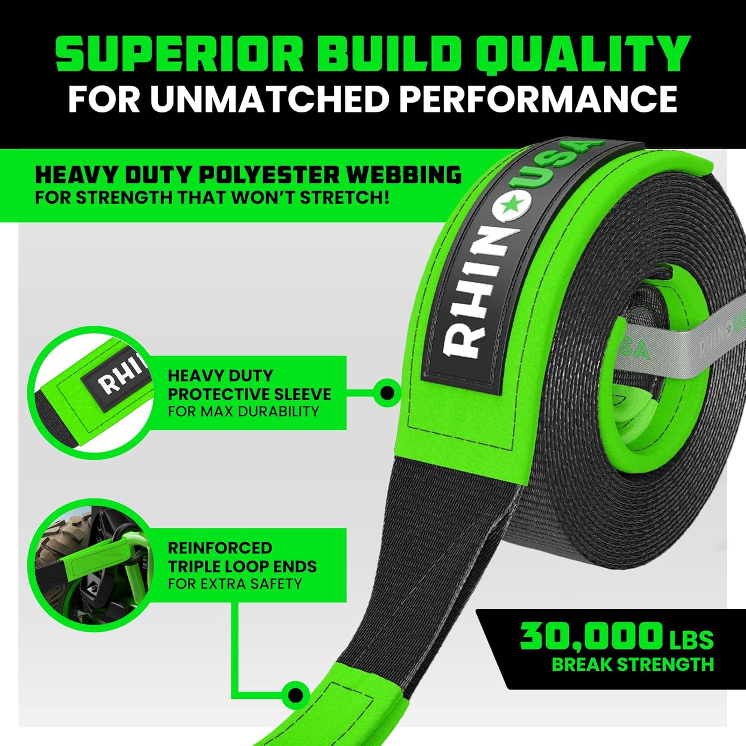 Rhino USA Recovery Tow Strap (3" x 30') - 31,518lb Break Strength - Emergency Recovery Strap Tow Rope for Truck, UTV, ATV & More - Heavy Duty Towing Strap for Offroad 4x4 Use - Compatible with Jeep