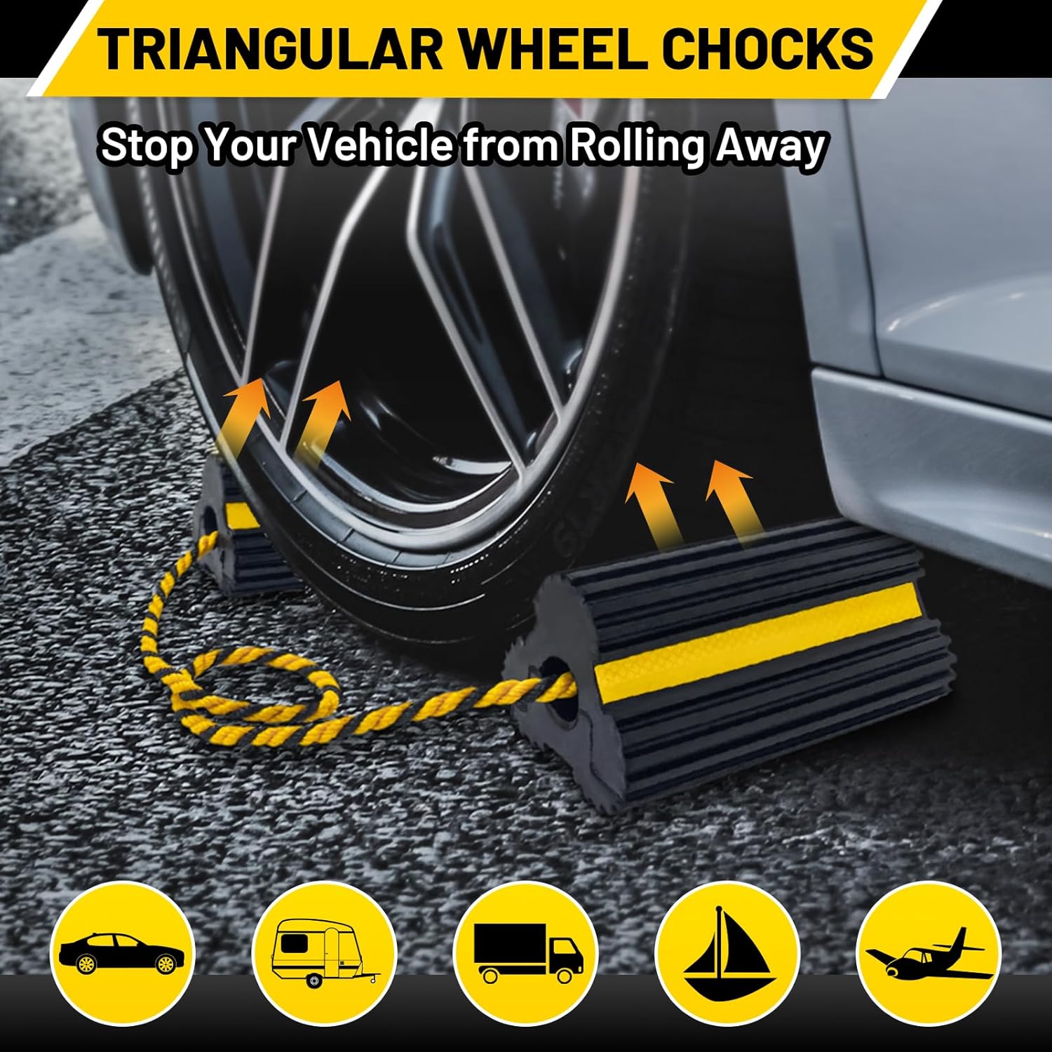 ROBLOCK 2 Pairs Wheel Chocks Heavy-Duty Rubber Wheel Block Non-Slip Base with Nylon Rope Yellow Reflective Tape - 4 Pack Wheel Stopper for Travel Trailers, Car, Camper, Truck, Black