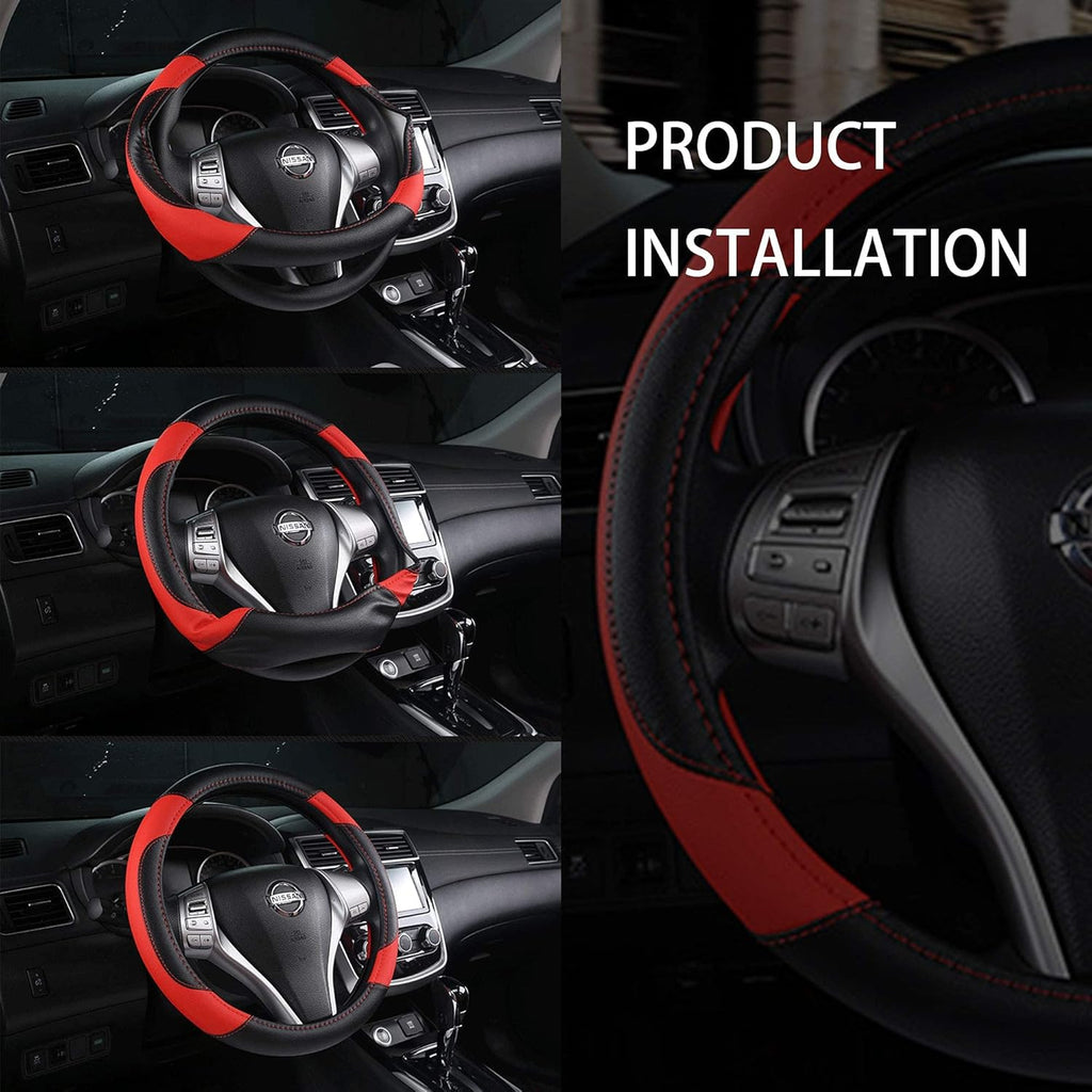 Leather Car Steering Wheel Cover, Non-Slip Car Wheel Cover Protector Breathable Microfiber Leather Universal Fit for Most Cars(Black)