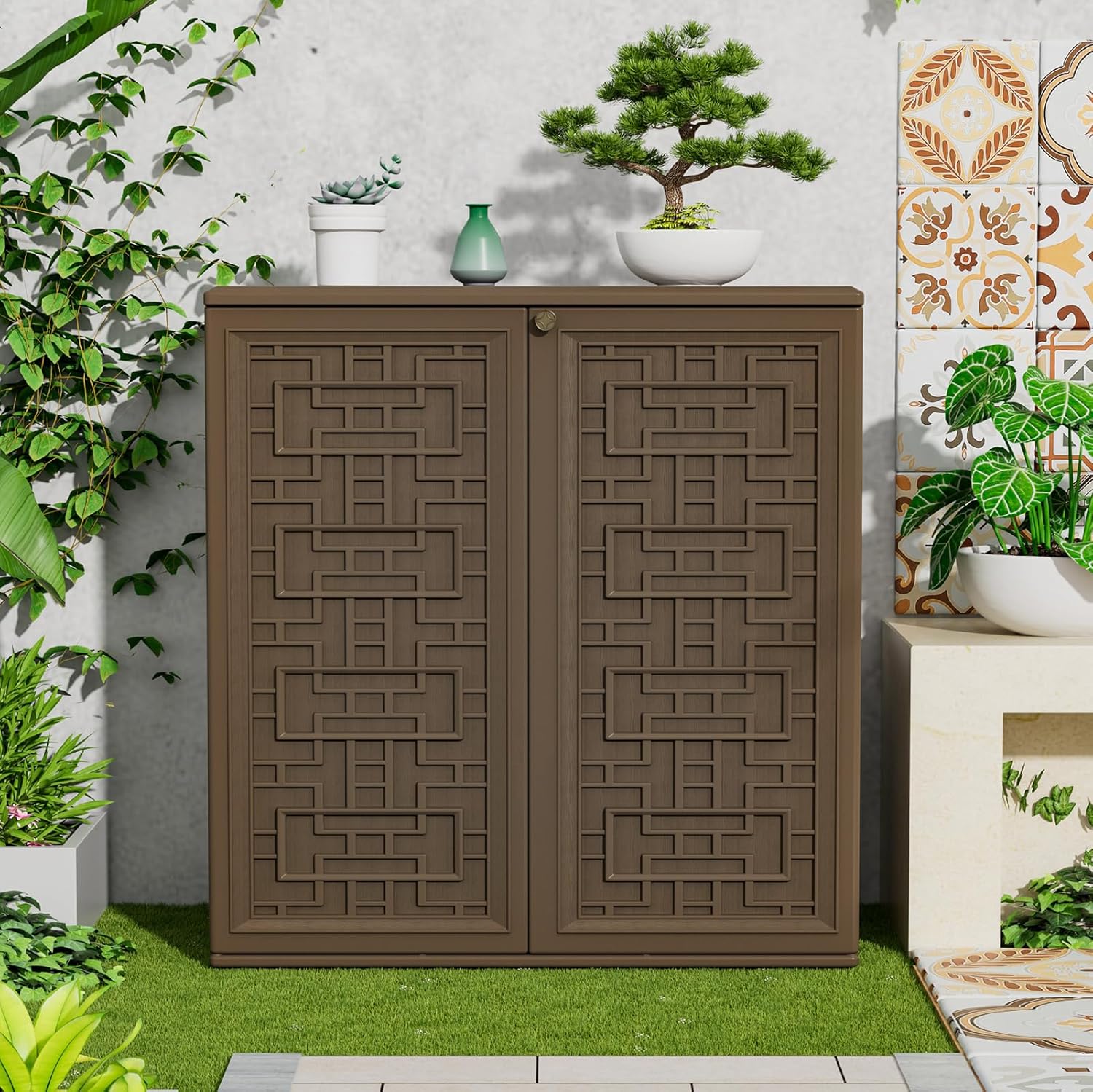 HOMSPARK Indoor/Outdoor Storage Cabinet with Doors and Shelf, 34”x16”x36” HDPE Plastic Storage Box for Bedroom, Bathroom, Living Room, Balcony, Multi-Purpose for Toys, Kitchen Tools, Coffee