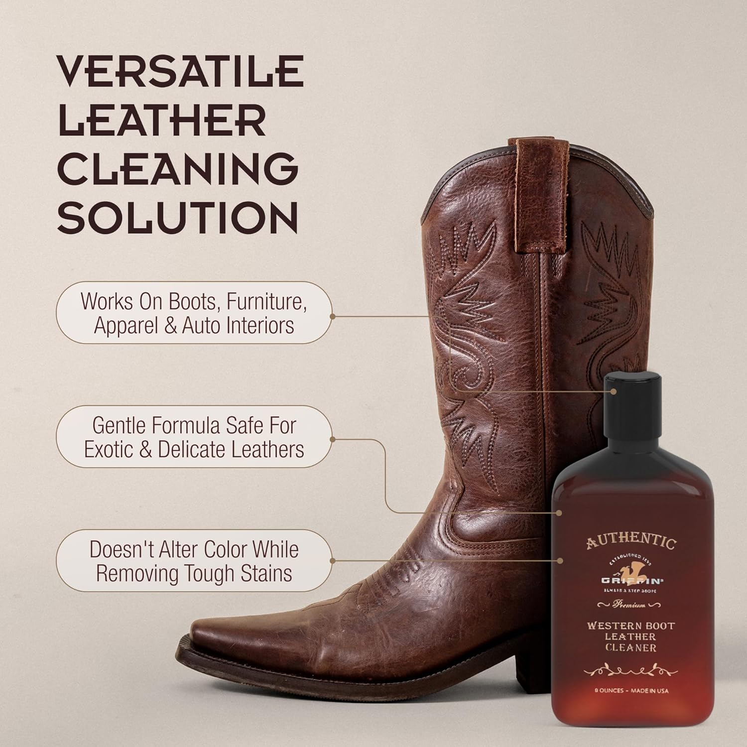 Griffin Boot Care Leather Cleaner – 8 oz – Gently Cleans Footwear, Apparel & Interiors – Non-Toxic, Non-Darkening, Made in USA – Leather Cleaner for Cowboy Boots, Furniture, Cars & More