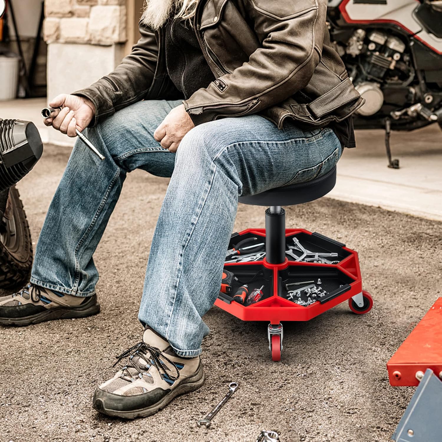IRONMAX Rolling Mechanic Stool, Adjustable Shop Stool Creeper Seat with Removable Tool Tray, Padded Plush Cushion, Universal Wheels, Heavy Duty Metal Frame, 330 LBS Max Load