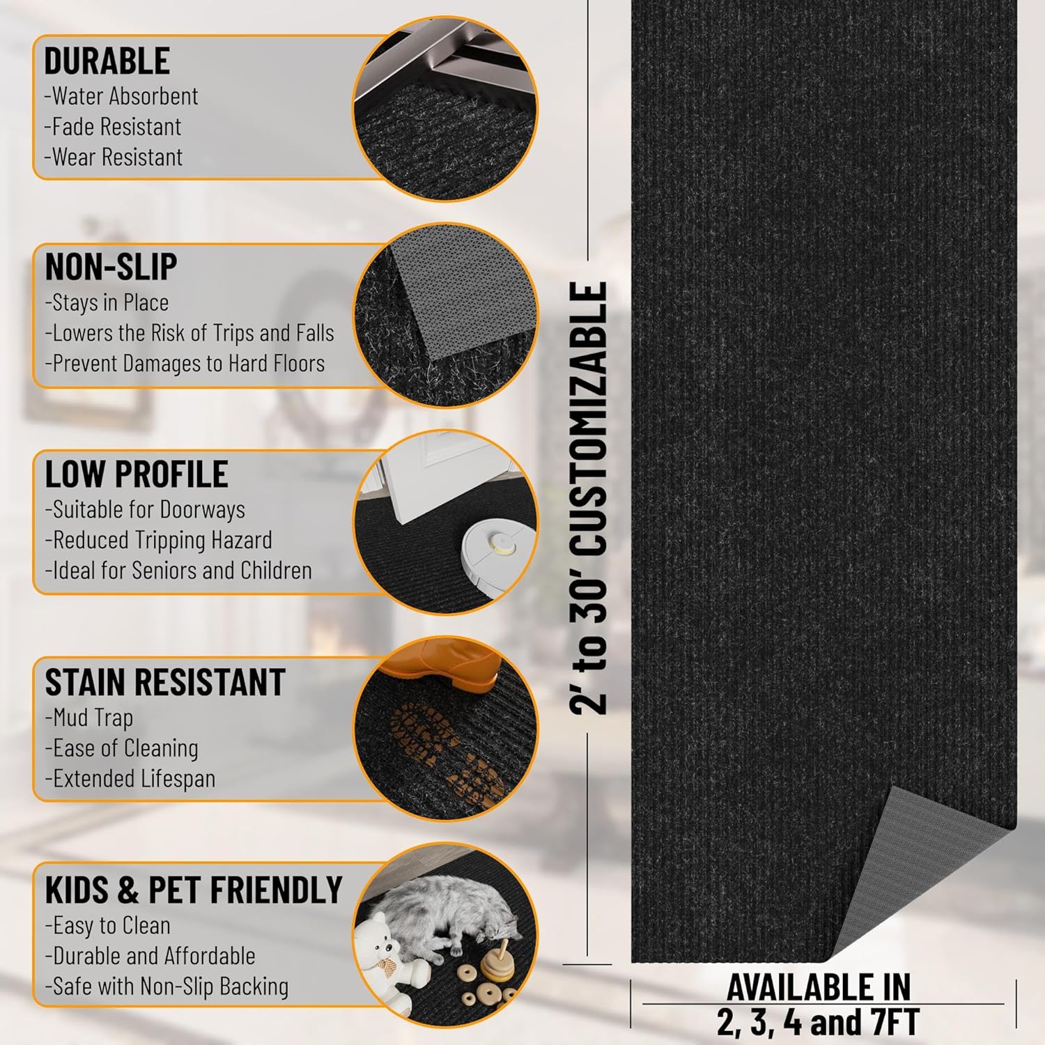 Ottomanson 5' x 6'6" Mud Mat Area Rug Scraper Carpet - Non-Slip, Dirt Trapping for Indoor & Outdoor Use - Ideal for Entryway, Garage, Kitchen, Patio & High-Traffic Areas, Black