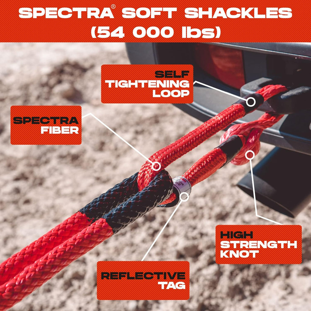 MiolleGear Heavy Duty Kinetic Recovery Tow Rope (Firecracker RED, 1-1/4"x30) (53000 lbs) with 2 Soft Shackle USA Spectra 9/16' x 10" (54000 lbs)