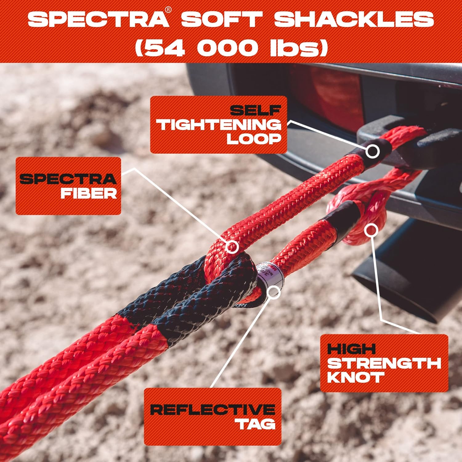 MiolleGear Heavy Duty Kinetic Recovery Tow Rope (Firecracker RED, 1-1/4"x30) (53000 lbs) with 2 Soft Shackle USA Spectra 9/16' x 10" (54000 lbs)