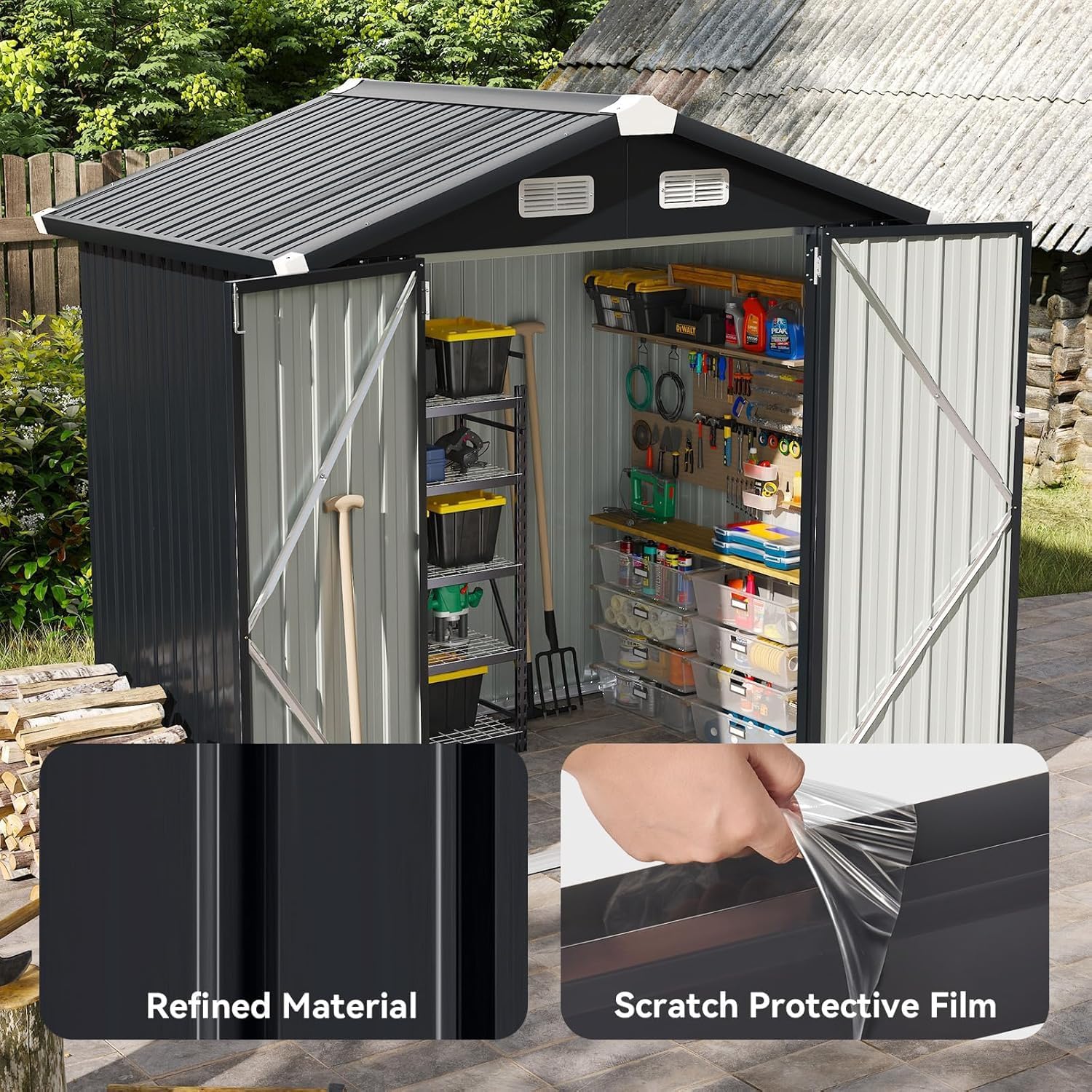 Aoxun 6.2x4 FT Shed Outdoor Galvanized Storage Shed with Large Lockable Doors for Lawn, Backyard, Patio (Black)