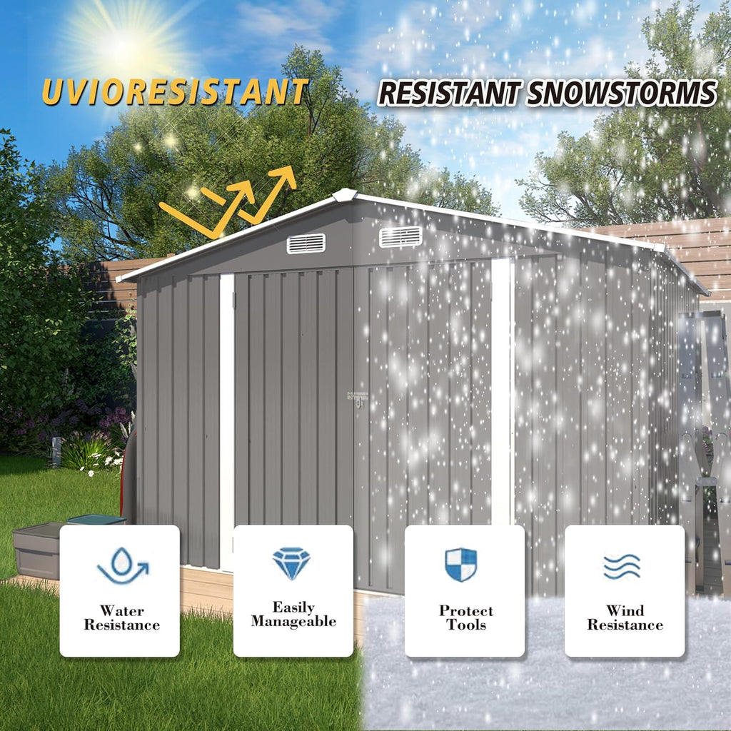 10x8x6.4FT Outdoor Storage Shed, Galvanized Steel Garden Shed with Lockable Door & Window, Waterproof Metal Tool Storage for Garden, Backyard, Patio, Lawn(Grey)