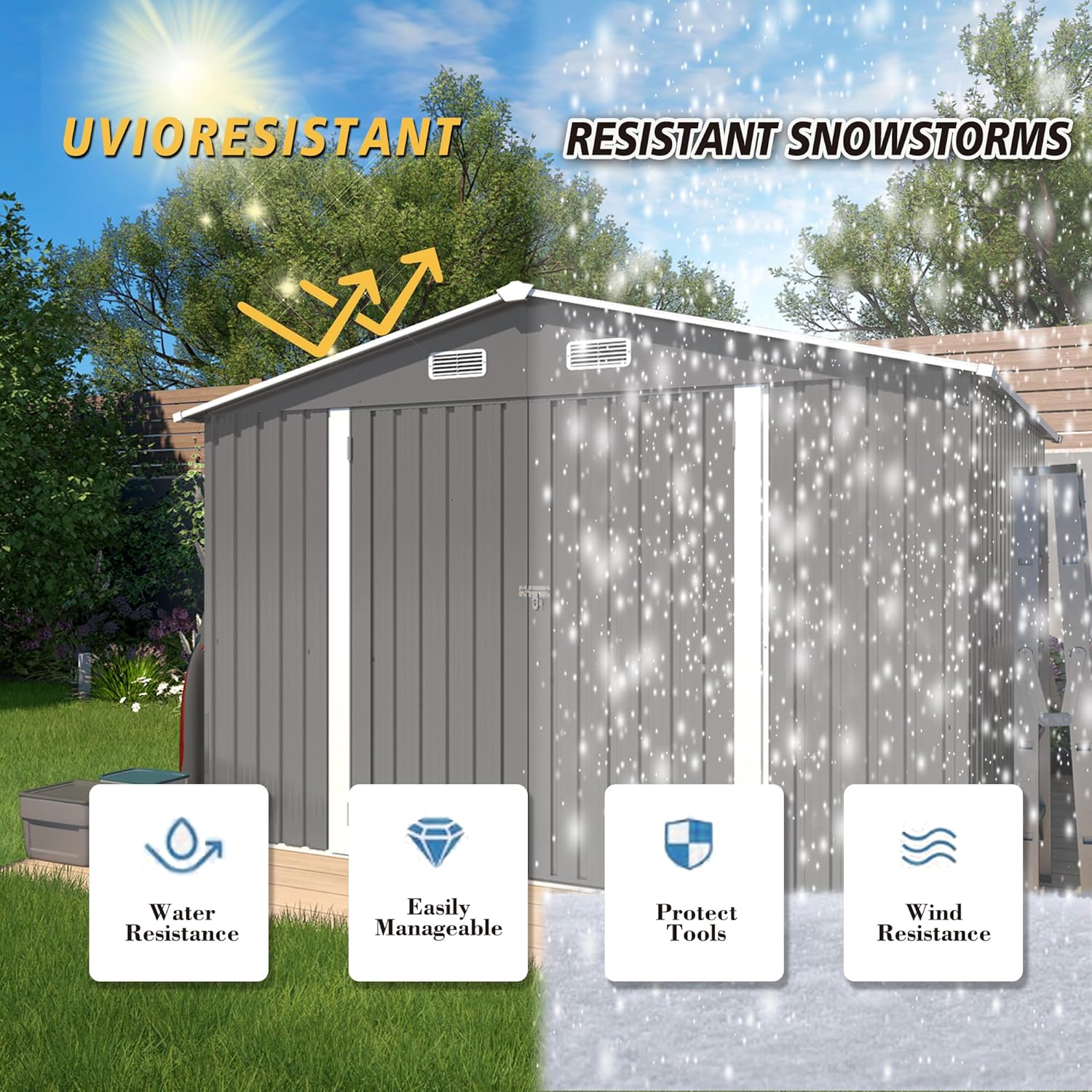 10x8x6.4FT Outdoor Storage Shed, Galvanized Steel Garden Shed with Lockable Door & Window, Waterproof Metal Tool Storage for Garden, Backyard, Patio, Lawn(Grey)