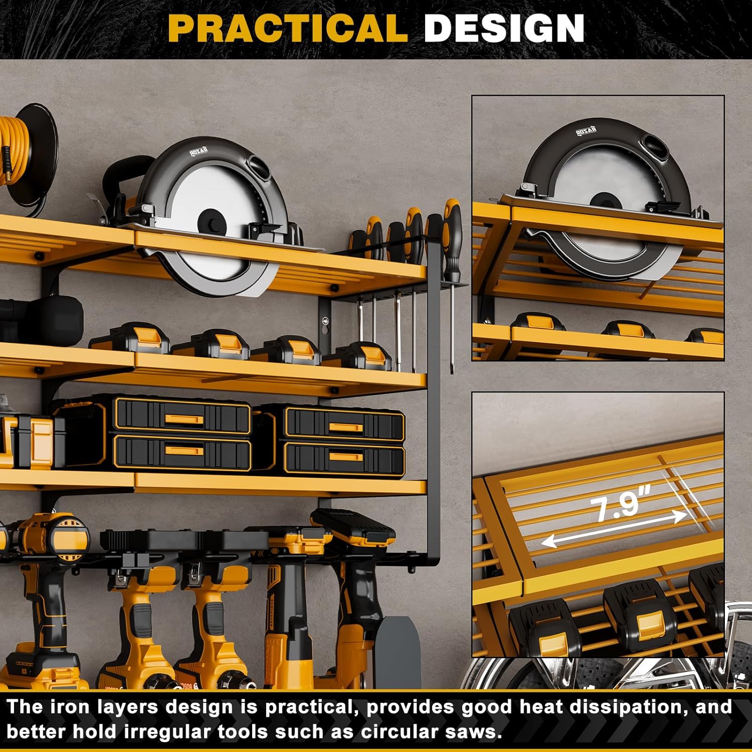 48" Large Power Tools Organizer Wall Mount,12 Drill Holder for Garage, Workshop Heavy Duty Storage Rack (Yellow)