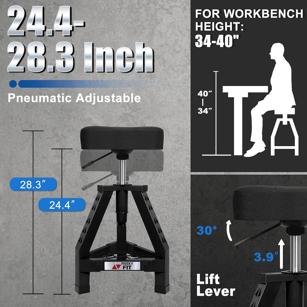 Adjustable Shop Stool,Garage Mechanic Stool Chair,Work Seat for Workshop, Adjustable Height, 360° Swivel Padded Square Seat,Tool Storage, 350 LBS Capacity, Heavy Duty, Black