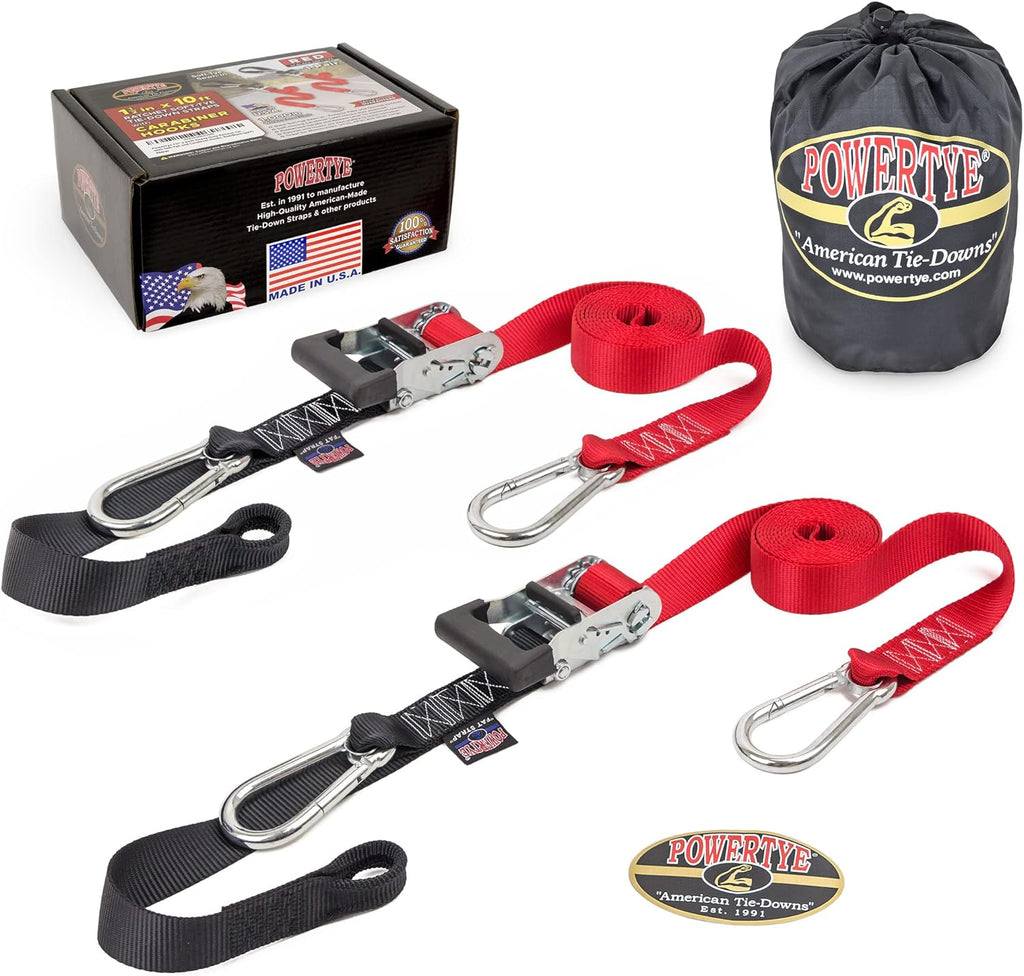 PowerTye - Made in USA - Extra Long Ratchet Tie Down Straps, Heavy Duty with Carabiner Hooks, Soft-Tye & Bag, for Motorcycle, ATV & Cargo, 1,000 lb WLL, 1.5 inch x 10ft Long, Red/Black (Pair)