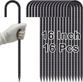 VVOKGO Rebar Stakes 16 Inches J Hook Heavy Duty Chain Link Fence Stakes, 16 Pcs Metal Long Tent Spikes Ground Anchors for Wire Fencing, Dogs Digging, Camping Tents, Swings, Greenhouse, Black