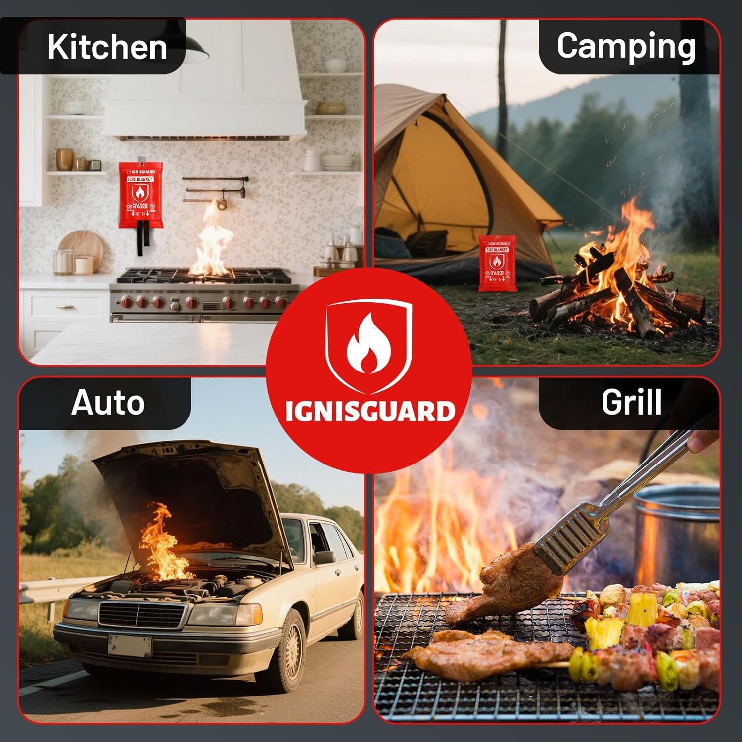 Emergency Fire Blanket for Home and Kitchen, 4-Pack 40"x40", Fiberglass Fire Blankets Emergency for Home BBQ Grill Camping Car Office Warehouse Picnic Fireplace Fireproof Survival Safety