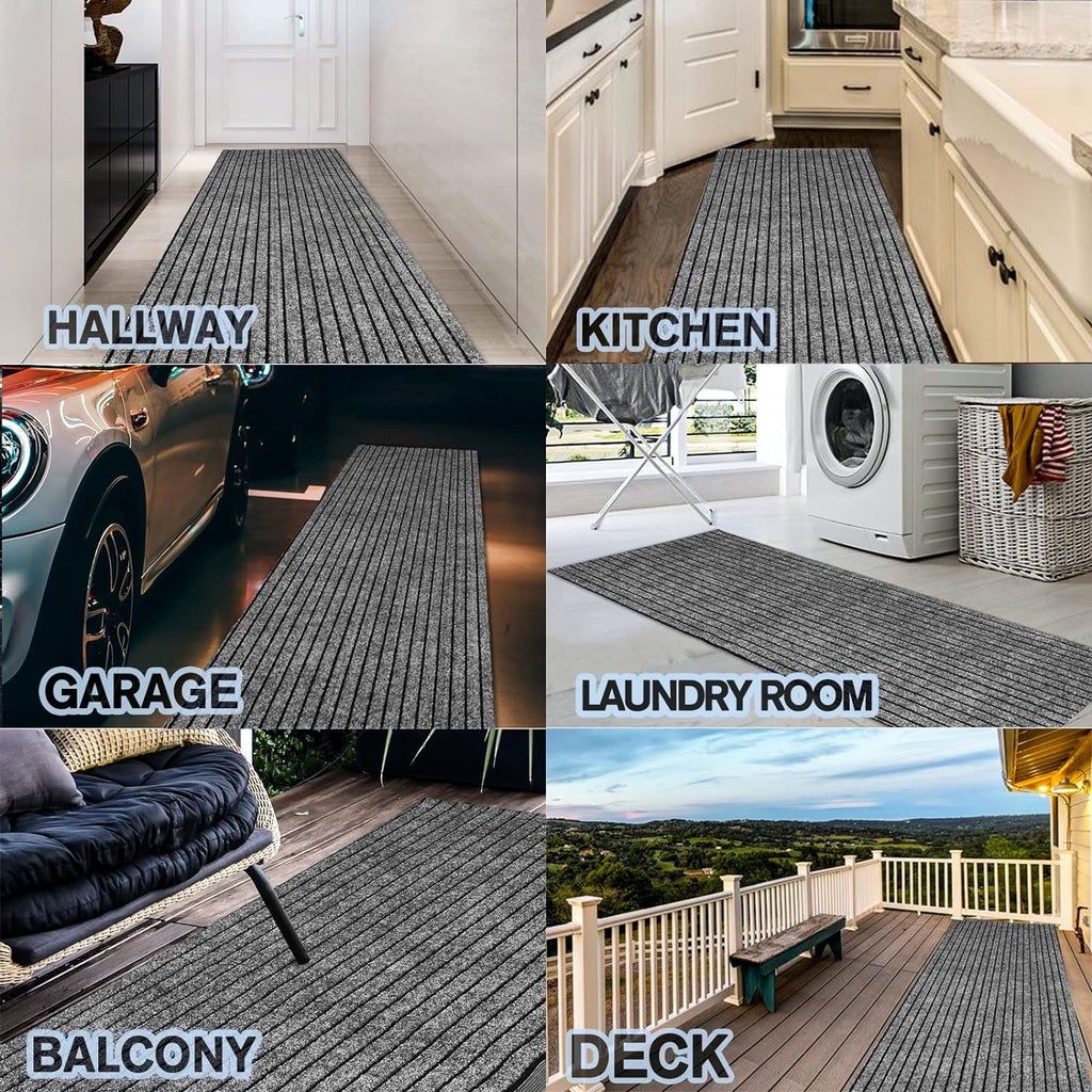 Custom Size Backed Non-Slip Area Rugs Runner, Easy Clean, Waterproof Runner Rugs for Hallway Entryway, Kitchen, Laundry, 3FT x 14FT, Gray Stripe