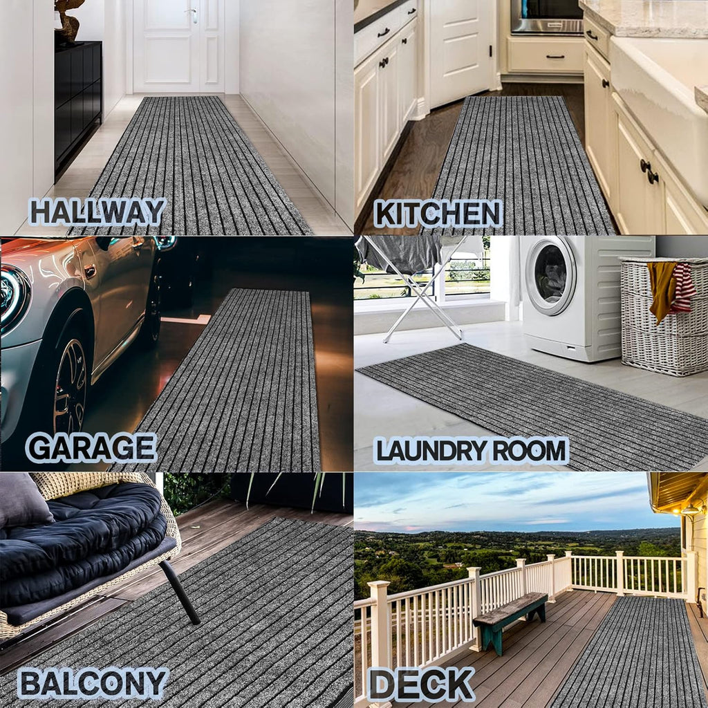 Custom Size Backed Non-Slip Area Rugs Runner, Easy Clean, Waterproof Runner Rugs for Hallway Entryway, Kitchen, Laundry, 2FT x 81FT, Gray Stripe