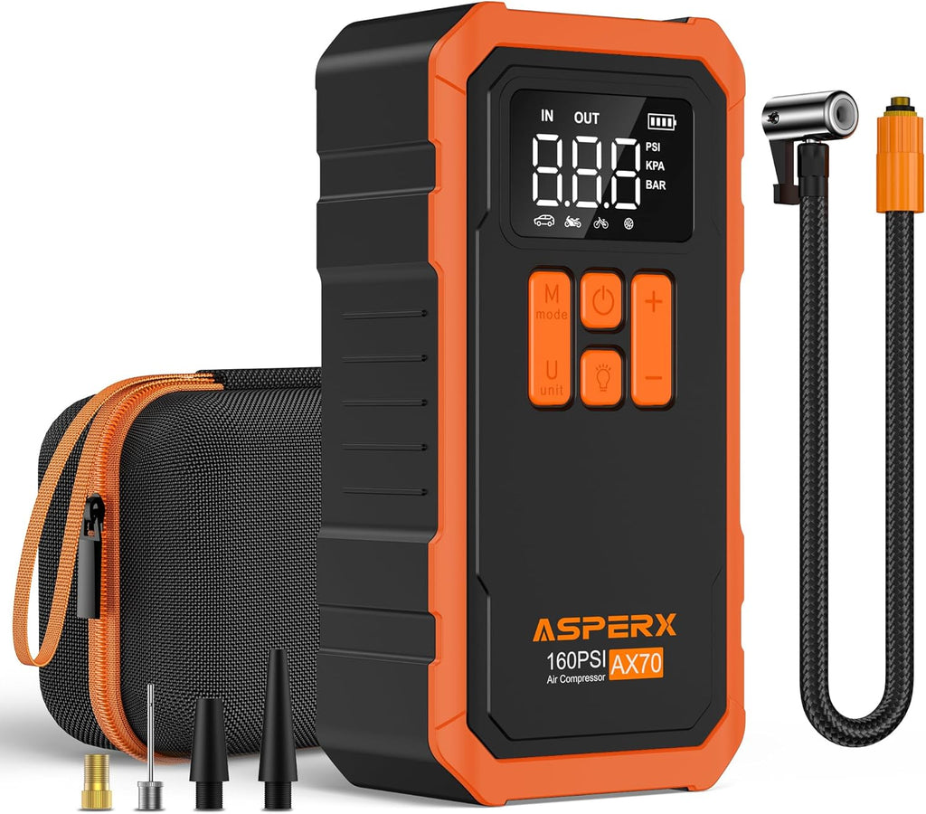 Tire Inflator Portable Air Compressor- 160PSI & 10000mAh Portable Air Pump with Carrying Case, LCD Display & LED Light, 3X Fast Inflation for Car, Bike, Motorcycle, Balls and more(Orange)
