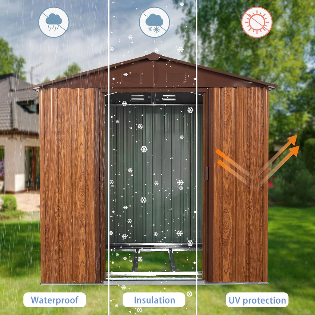 6x6 FT Outdoor Storage Shed, Metal Garden Shed with Frame Floor, Outside Tool Shed with Window, Waterproof Storage Building with Lockable Sliding Doors & Sloped Roof for Backyard, Patio, Coffee