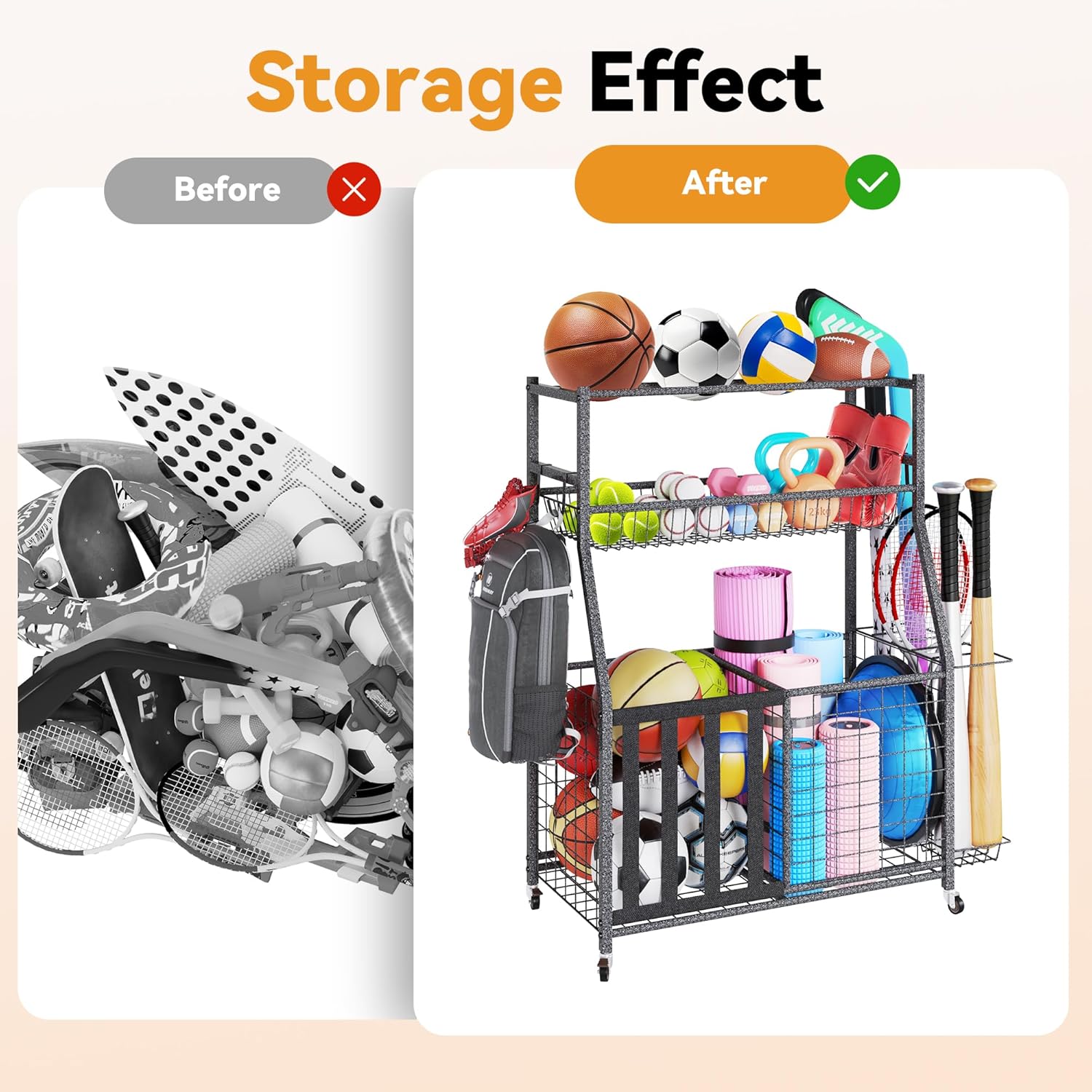HOMREST Sports Equipment Storage, Ball Storage, Ball Holder, Garage Sports Organizer with Basket and Hooks, Rolling Sports Ball Storage with Wheels for Toy Sports Gear Storage, Black