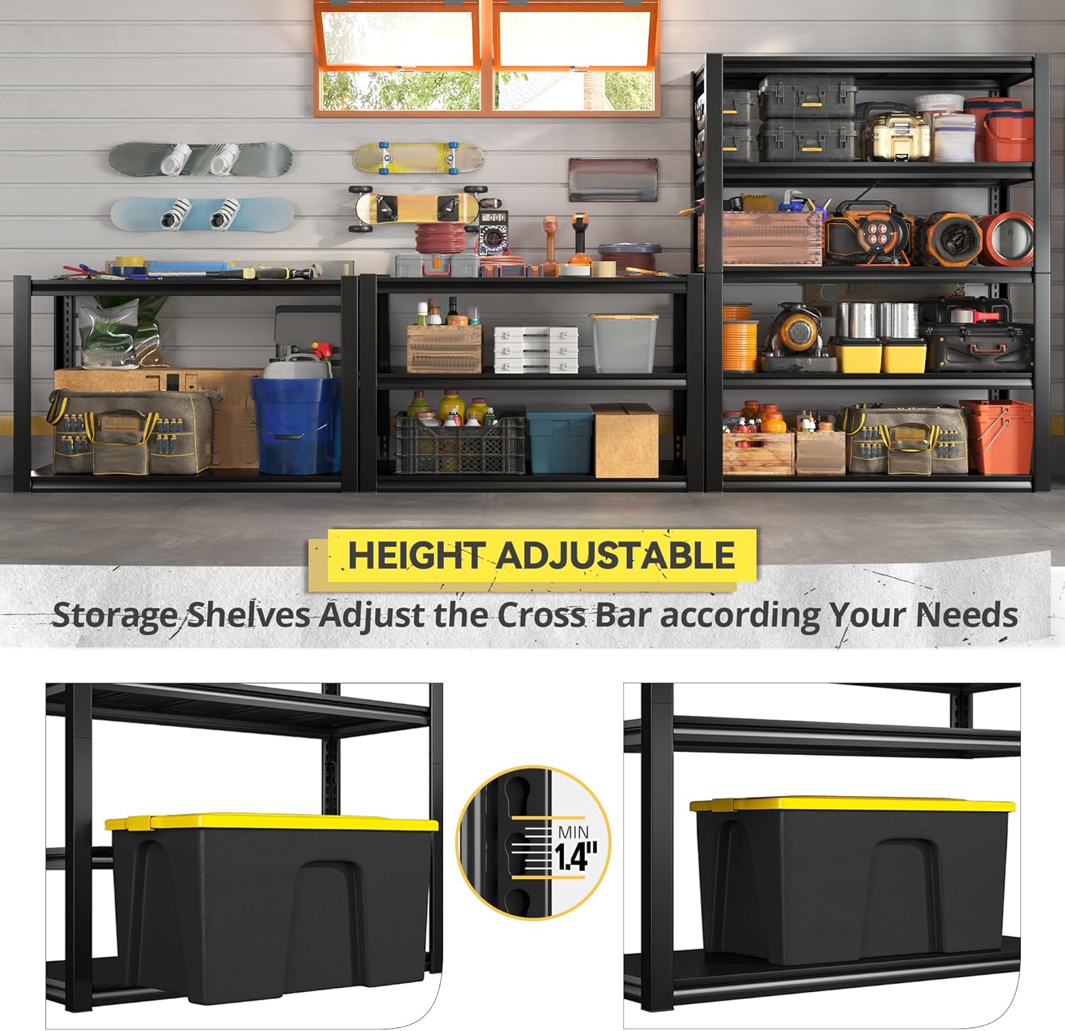 REIBII Storage Shelves Heavy Duty Garage Shelving 72" Adjustable Metal Shelves for Storage 5 Tier Garage Shelf Heavy Duty 2500LBS Basement Kitchen Pantry Shelf, 3 Pack