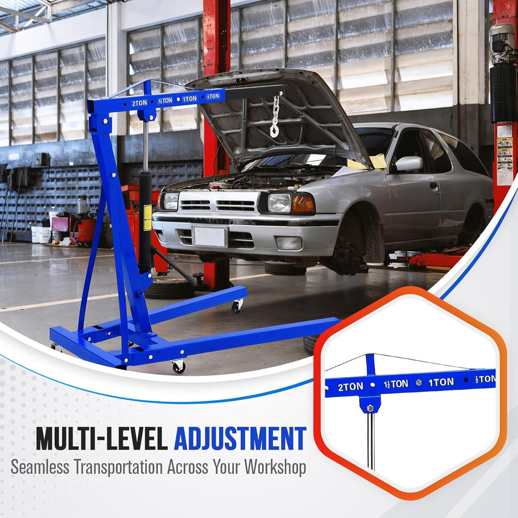 2 Ton Engine Hoist, Hydraulic Cherry Picker Engine Hoist Lift, 4400LBS Heavy Duty Crane Lifter with 6 Casters and Telescopic Boom, Foldable & Portable Design, for Garage, Workshop, Warehouse (Blue)