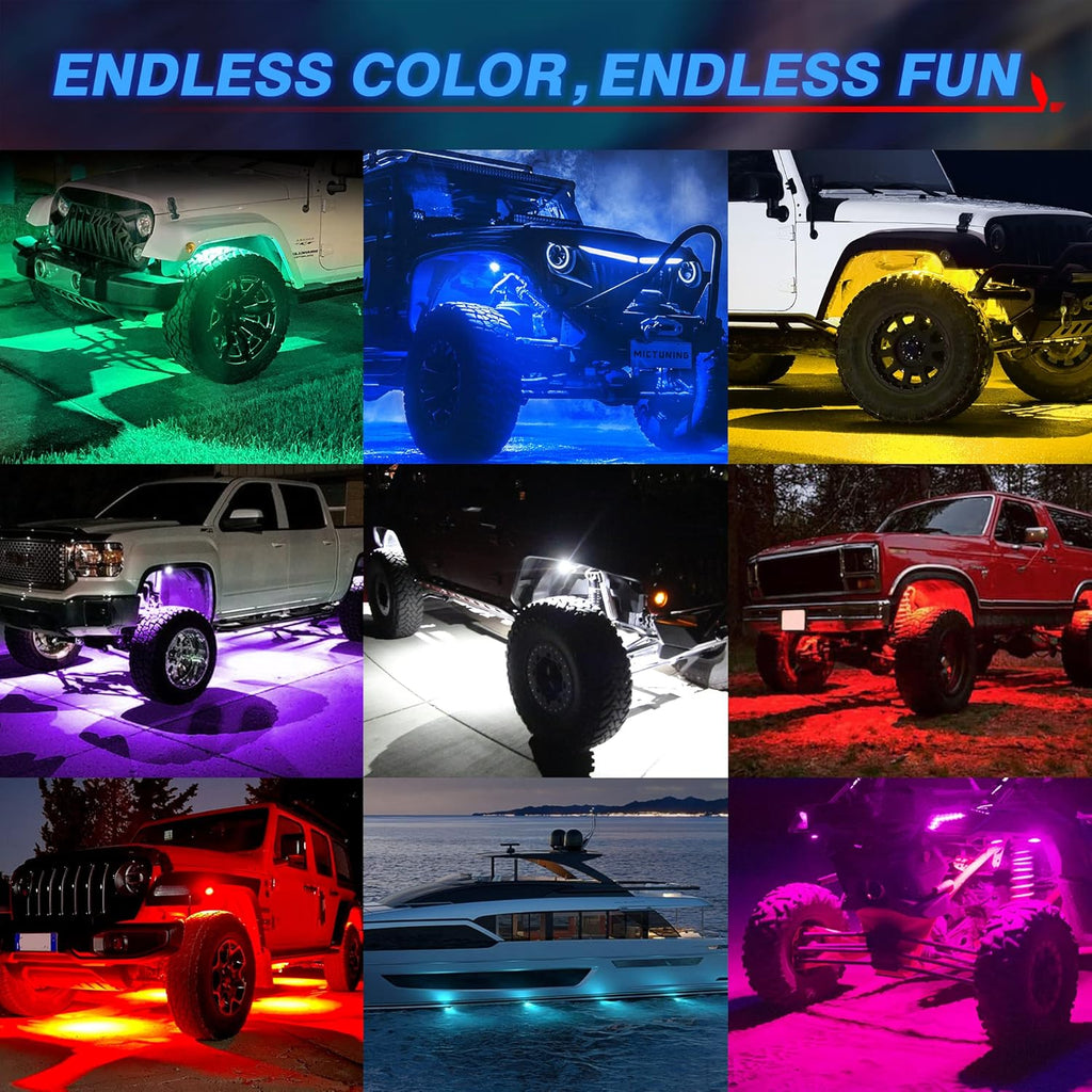 MICTUNING Q1 RGBW Rock Lights, 8 Pods Pure Color Underglow Neon Multicolor Lighting with Wiring Switch Kit, Bluetooth Controller, Remote Control, Music Mode for Trucks Car ATV UTV Golf Cart