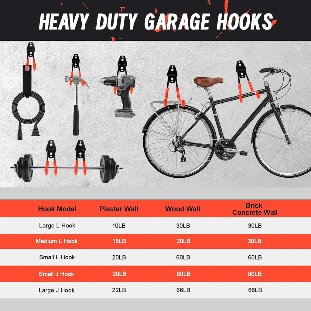 15 pcs Garage Wall Hooks Garage Storage Hook with Anti-Slip Coating,Heavy Duty Wall Mount Hooks for Hanging Bike, Ladder, Power Tools with Extension Cord Holder Organizer
