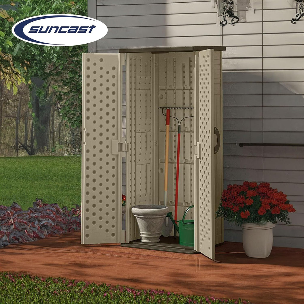 Suncast 22 Cubic Feet Capacity Tall Plastic Vertical Outdoor Shed for Garden, Backyard, Patio, or Pool Supplies Storage, Brown