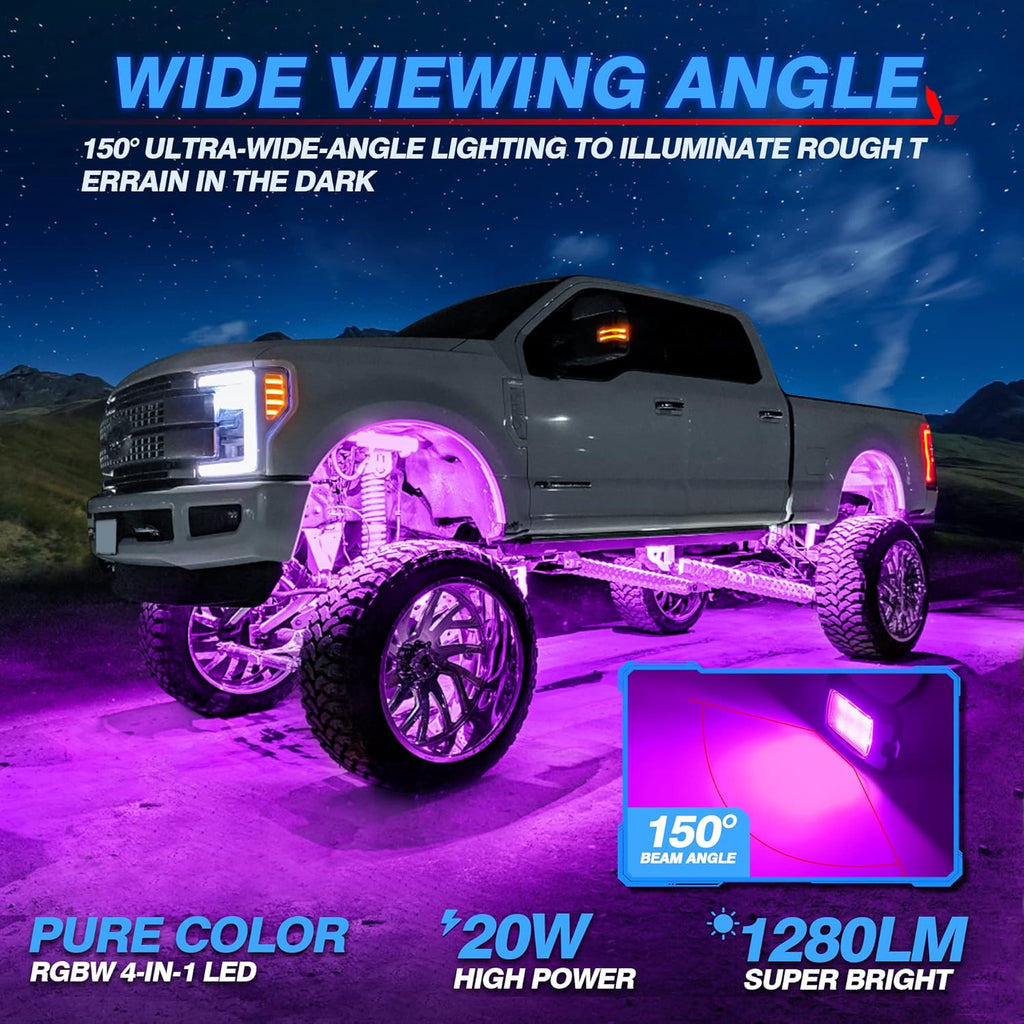 MICTUNING Q1 RGBW Rock Lights, 4 Pods Pure Color Underglow Neon Multicolor Lighting with Wiring Switch Kit, Bluetooth Controller, Remote Control, Music Mode for Trucks Car ATV UTV Golf Cart