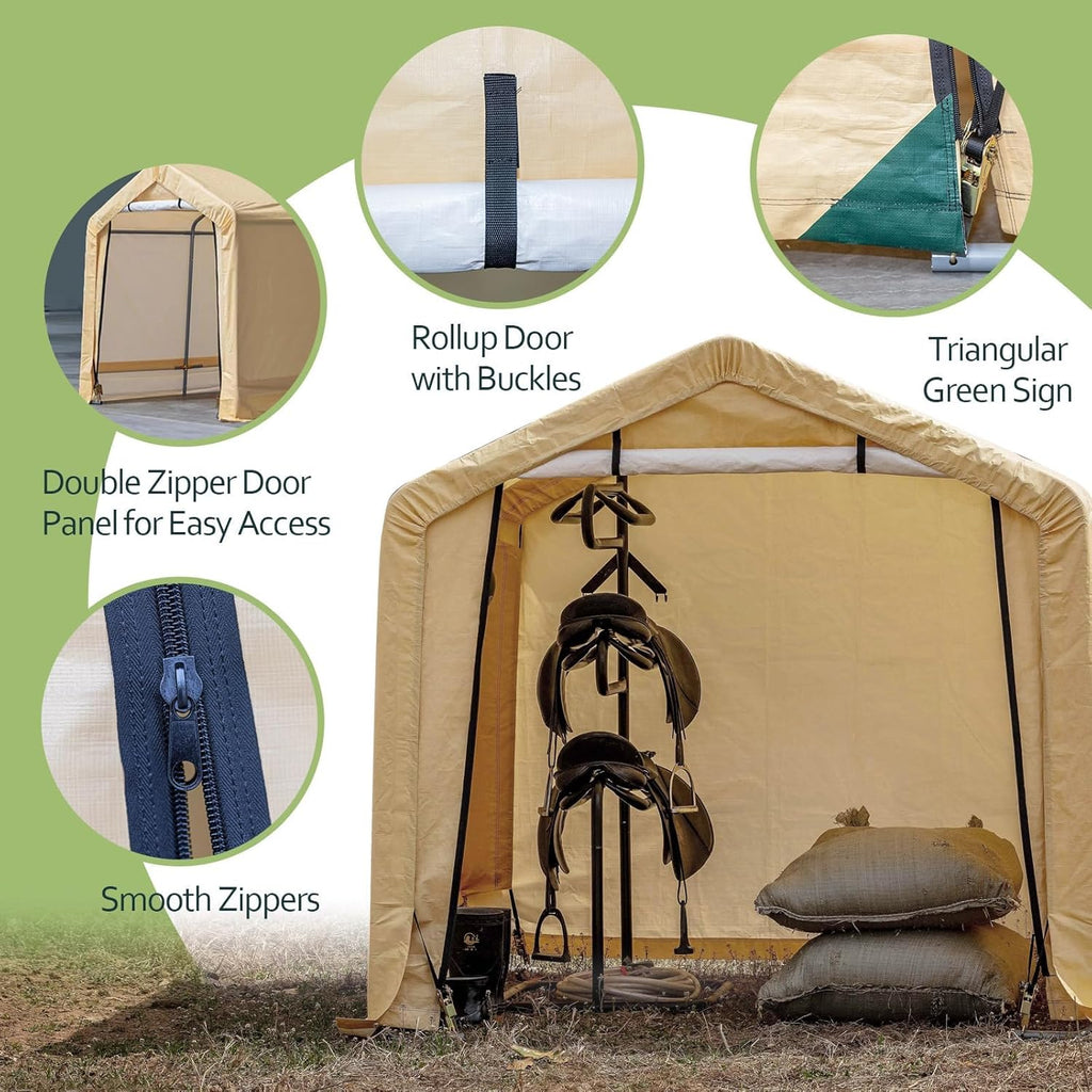 6x6 ft Heavy Duty Outdoor Storage Shed with Roll-up Zipper Door S-Hooks and Sandbags, Waterproof and UV Resistant Portable Garage Carport, Motorcycle Bike ATV Tent Shed, Yellow