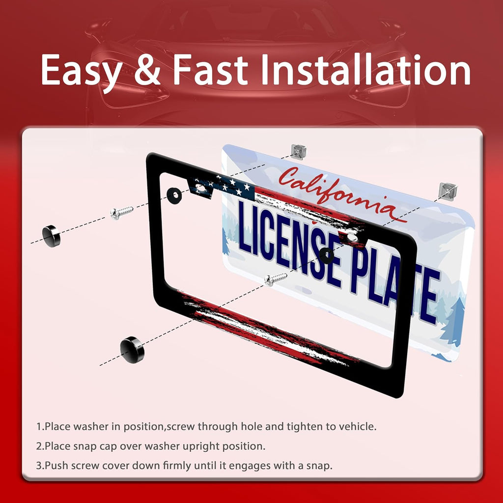 Personalized License Plate Frame American Flag Stainless Steel Accessory Patriotic License Plate Holder Funny Car Decorative 2 Holes Screws Fits Us Standard License Plates 12.2 X 6.3 in for Men Women