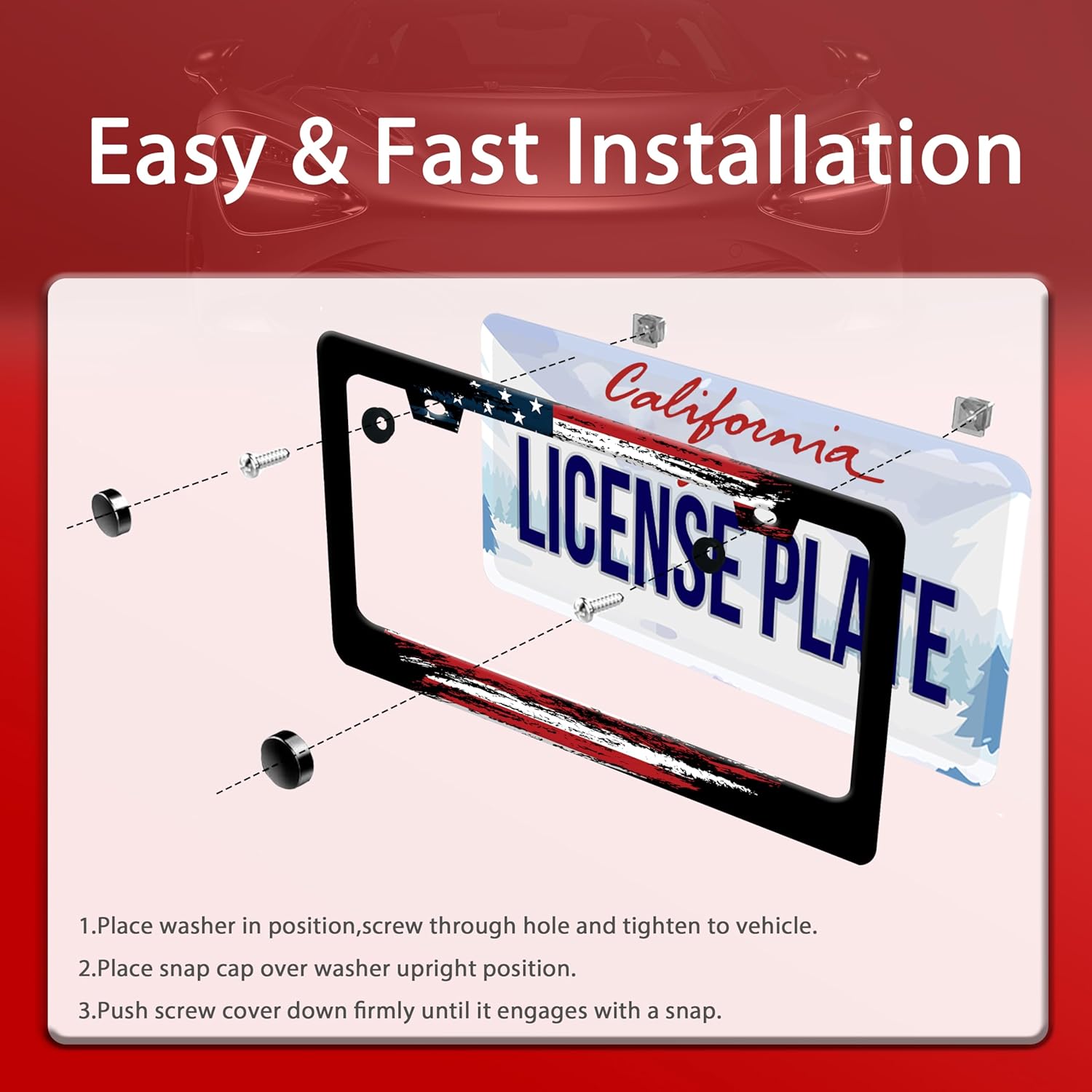 Personalized License Plate Frame American Flag Stainless Steel Accessory Patriotic License Plate Holder Funny Car Decorative 2 Holes Screws Fits Us Standard License Plates 12.2 X 6.3 in for Men Women